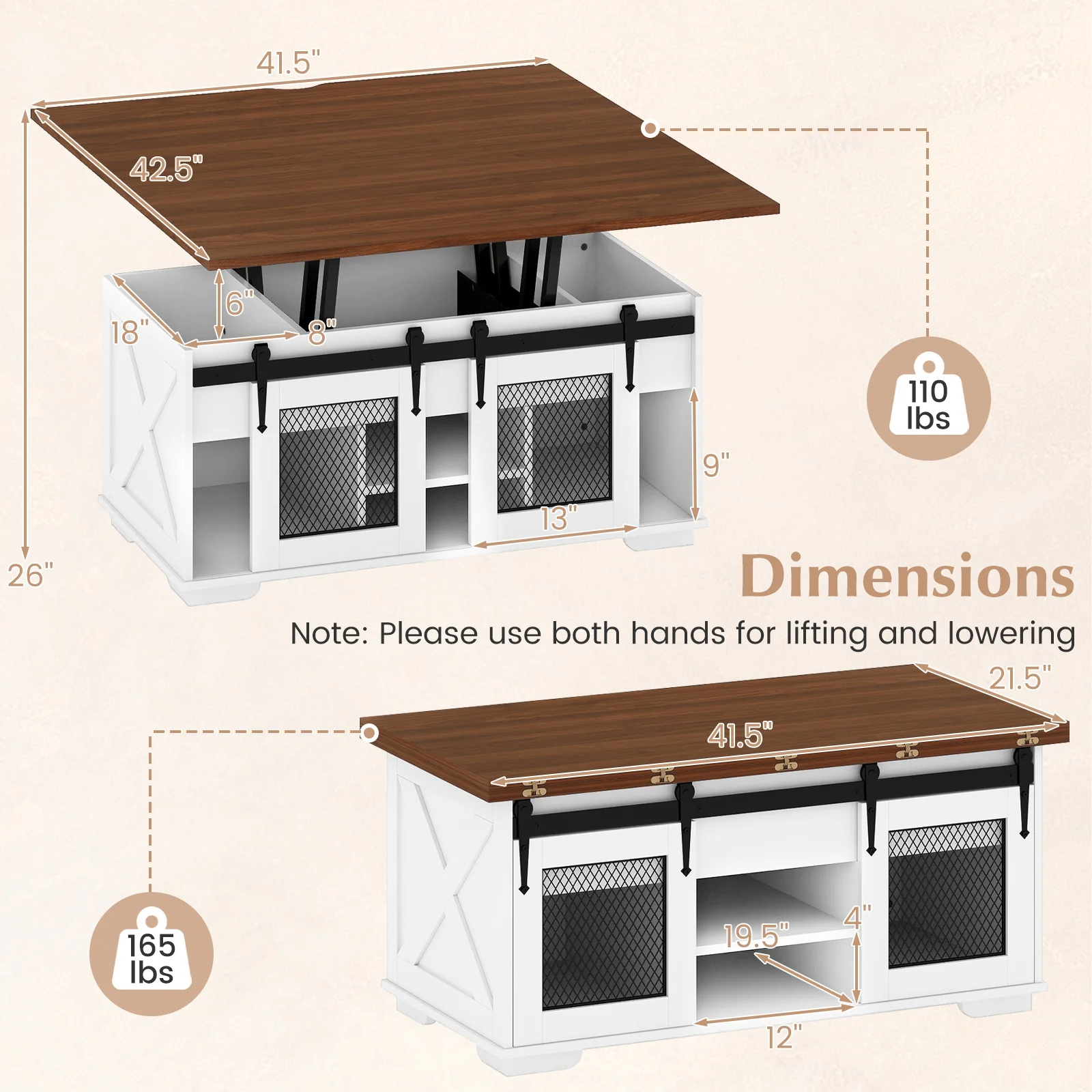 Lift Top Coffee Table with 2 Sliding Barn Doors, Walnut - Image 6