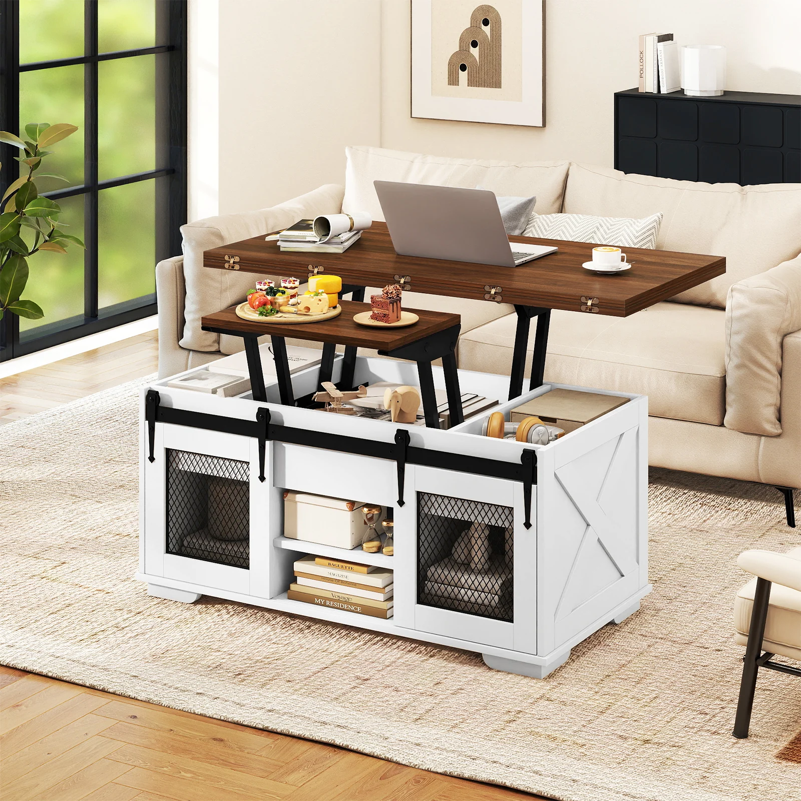 Lift Top Coffee Table with 2 Sliding Barn Doors, Walnut - Image 7