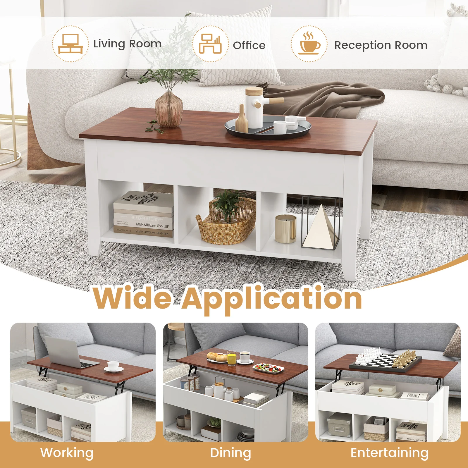 Lift Top Coffee Table With Hidden Compartment, Storage Shelves, White - Image 10