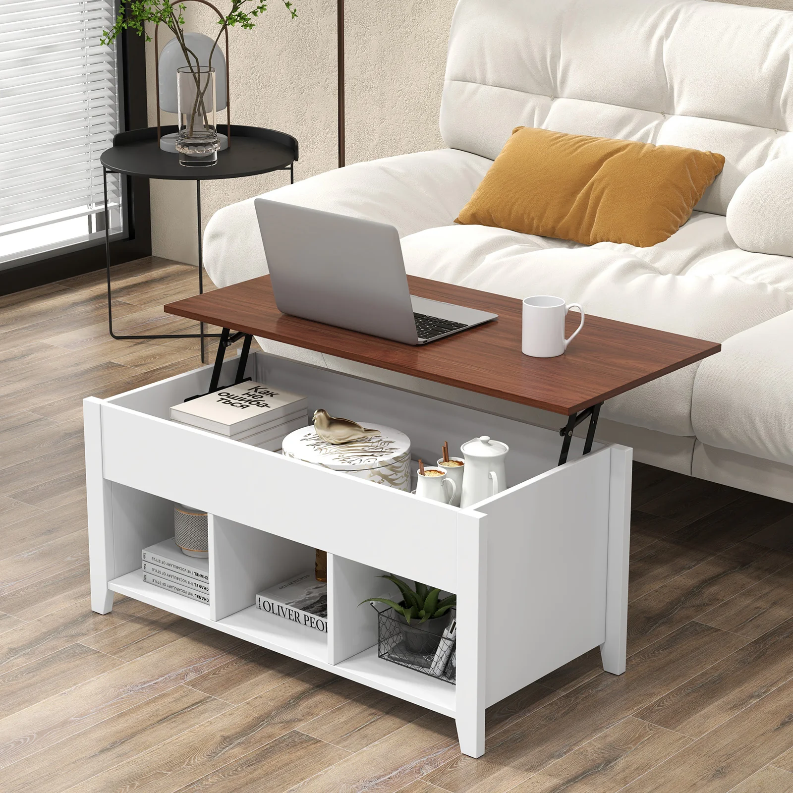 Lift Top Coffee Table With Hidden Compartment, Storage Shelves, White - Image 2