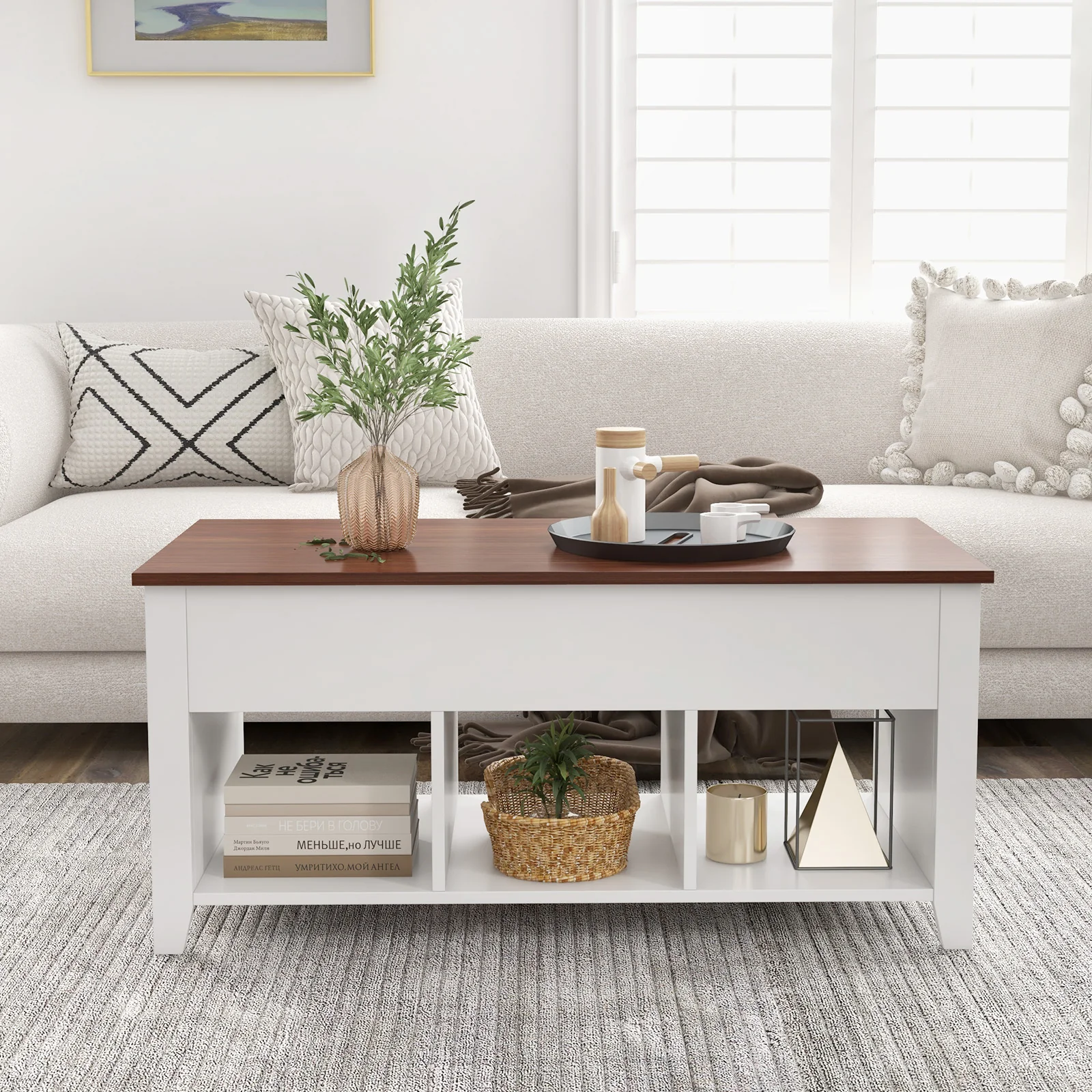 Lift Top Coffee Table With Hidden Compartment, Storage Shelves, White - Image 3