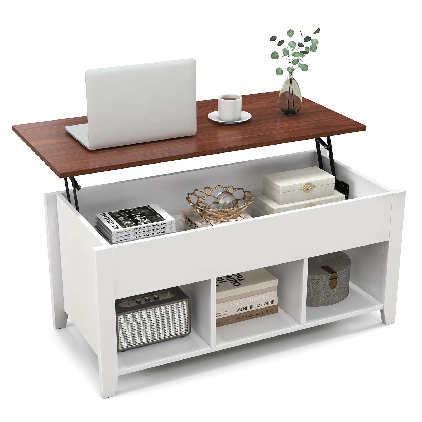 Lift Top Coffee Table With Hidden Compartment, Storage Shelves, White - Image 5