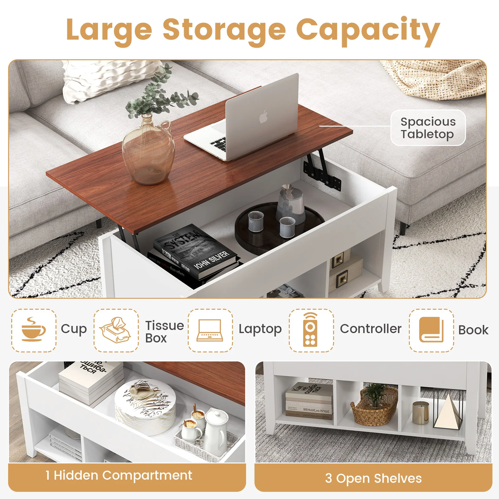 Lift Top Coffee Table With Hidden Compartment, Storage Shelves, White - Image 7