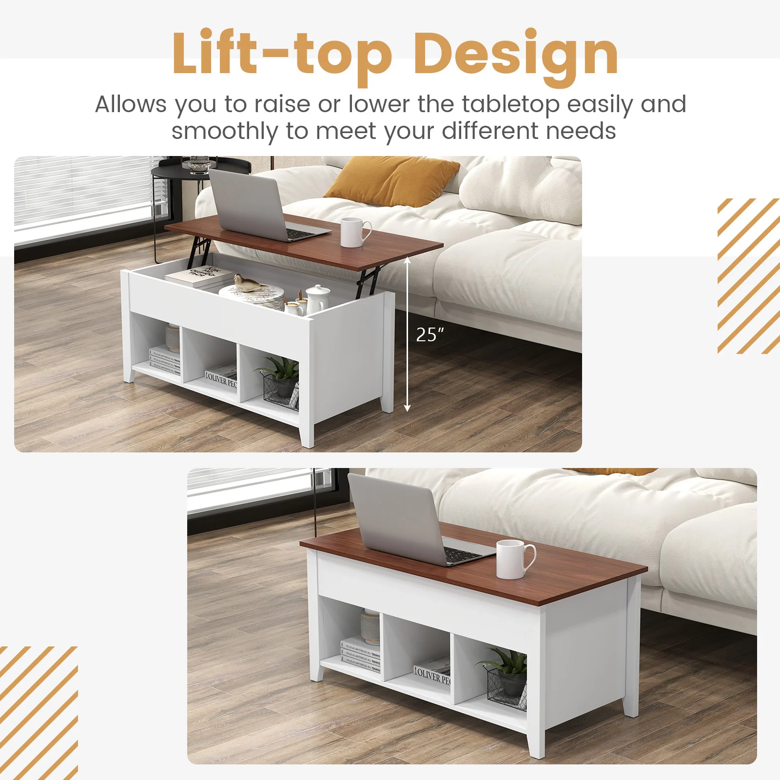 Lift Top Coffee Table With Hidden Compartment, Storage Shelves, White - Image 8