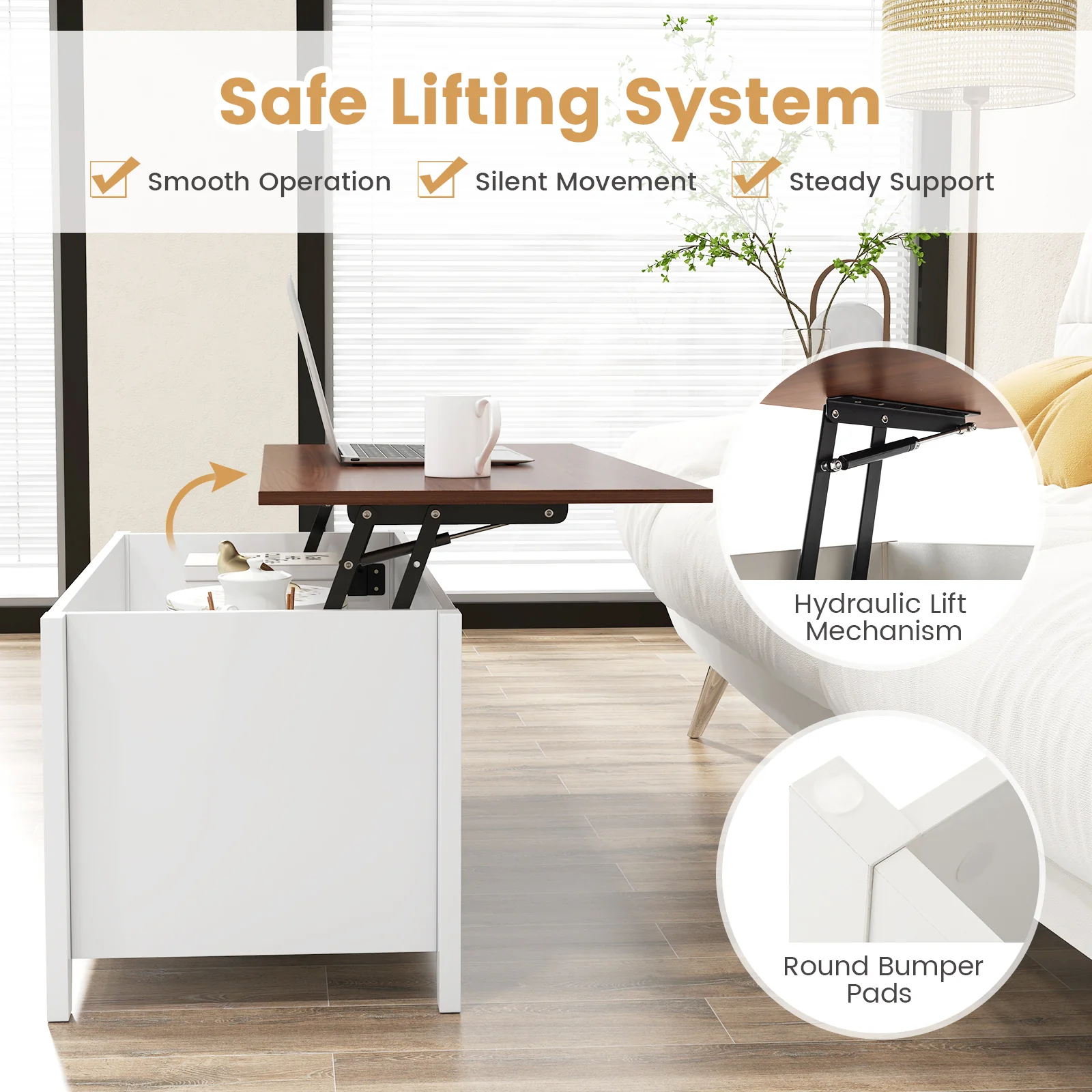 Lift Top Coffee Table With Hidden Compartment, Storage Shelves, White - Image 9