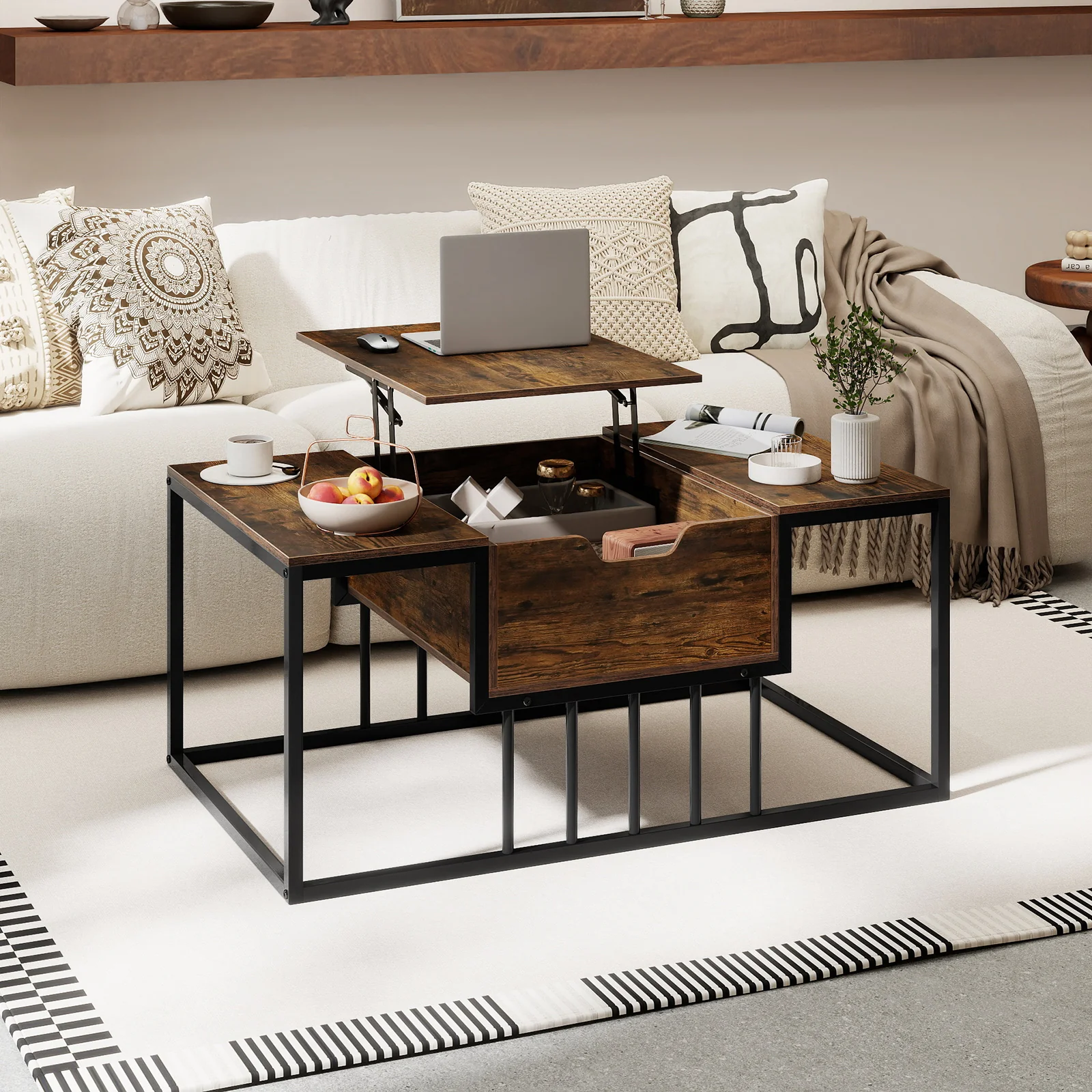 Lift Top Coffee Table with Hidden Storage, Rustic Brown - Image 2