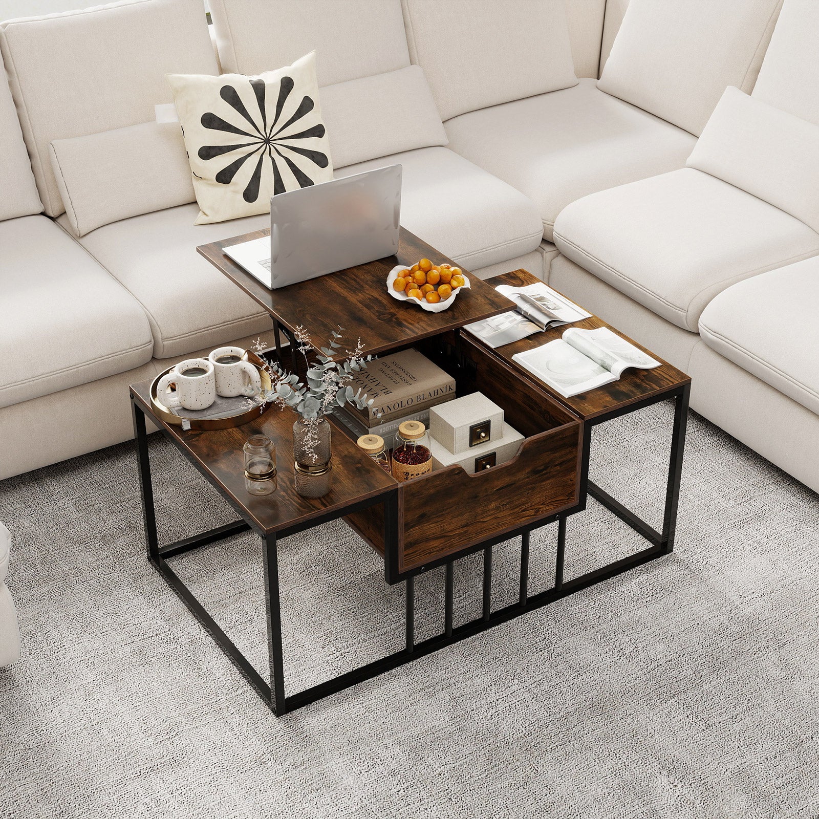 Lift Top Coffee Table with Hidden Storage, Rustic Brown - Image 3