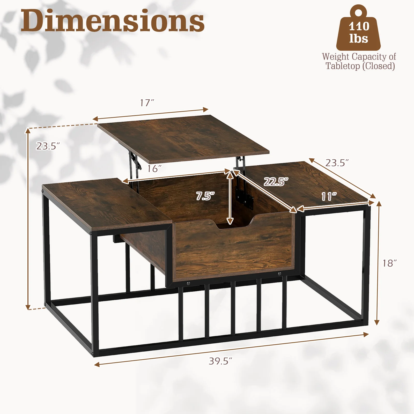 Lift Top Coffee Table with Hidden Storage, Rustic Brown - Image 5