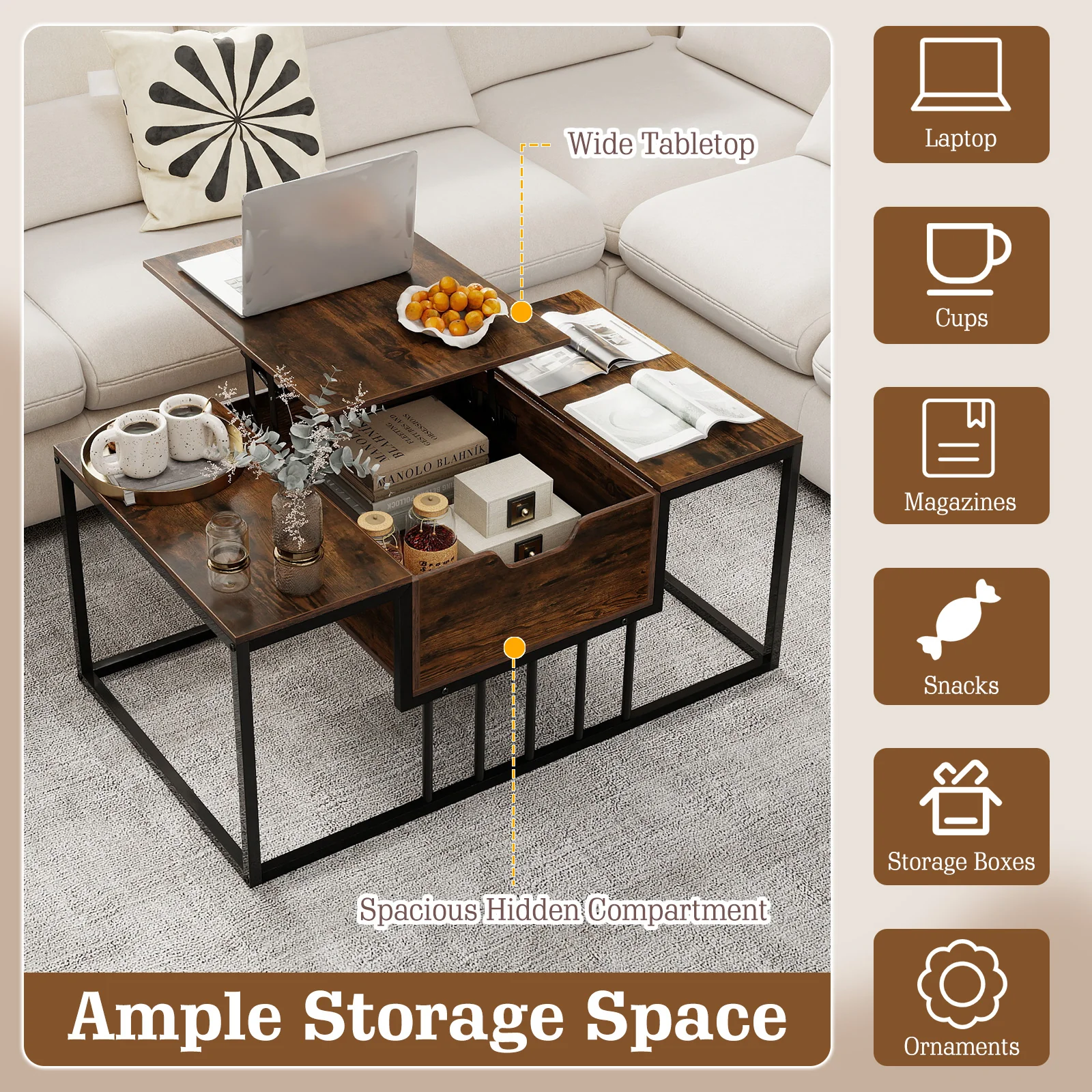Lift Top Coffee Table with Hidden Storage, Rustic Brown - Image 8