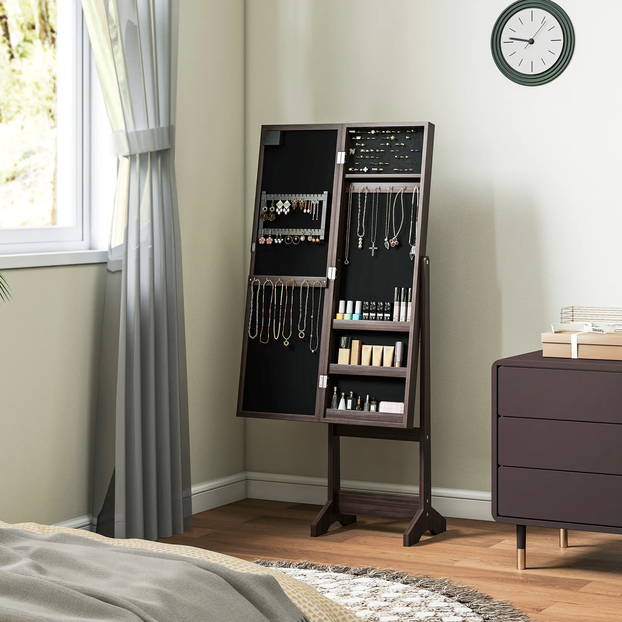 Lighted Mirrored Jewelry Cabinet, Angle Adjustable, 16 LED Lights, Dark Brown - Image 9