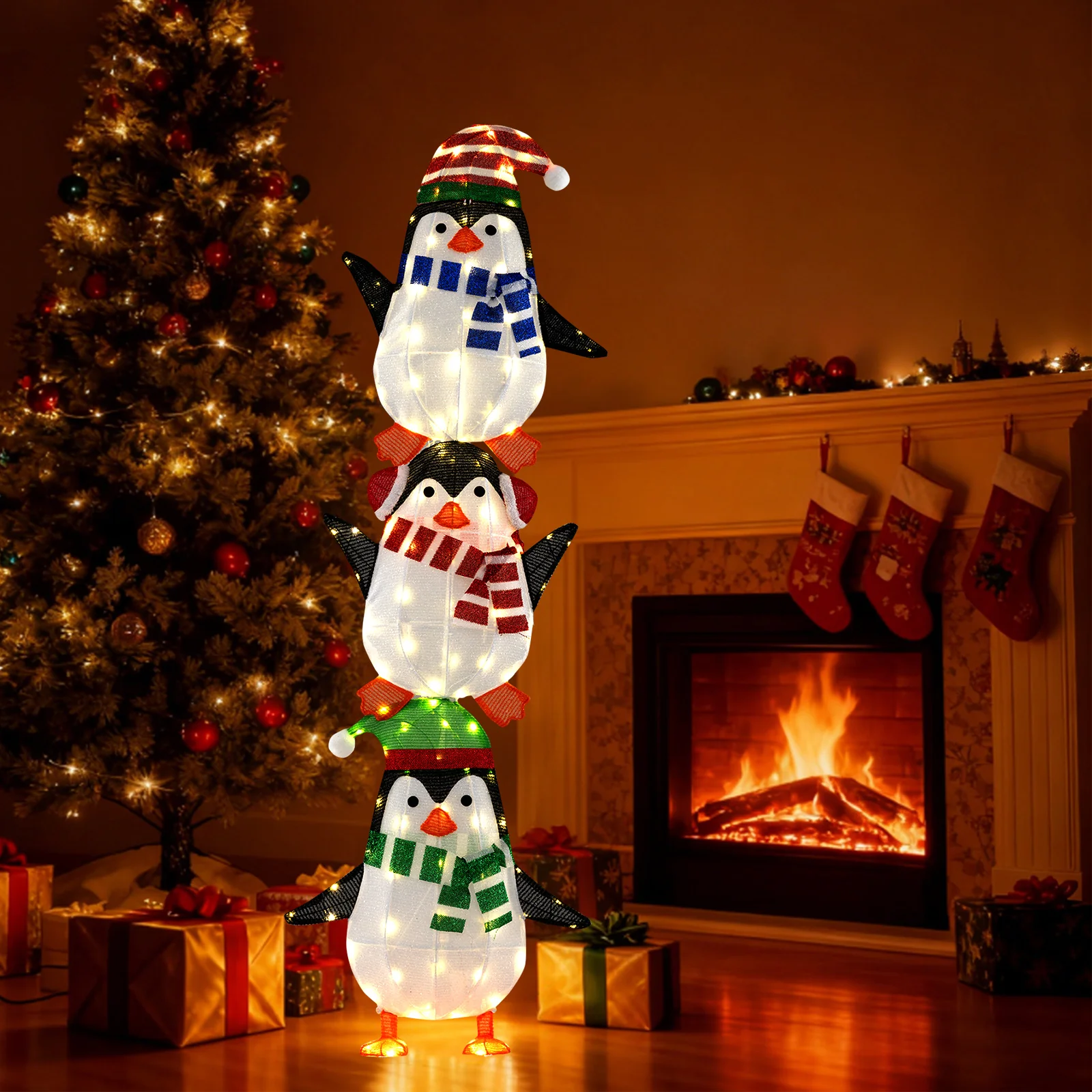 Lighted Penguins Decoration, Warm White Lights, Cute Hats, Multicolor - Image 3