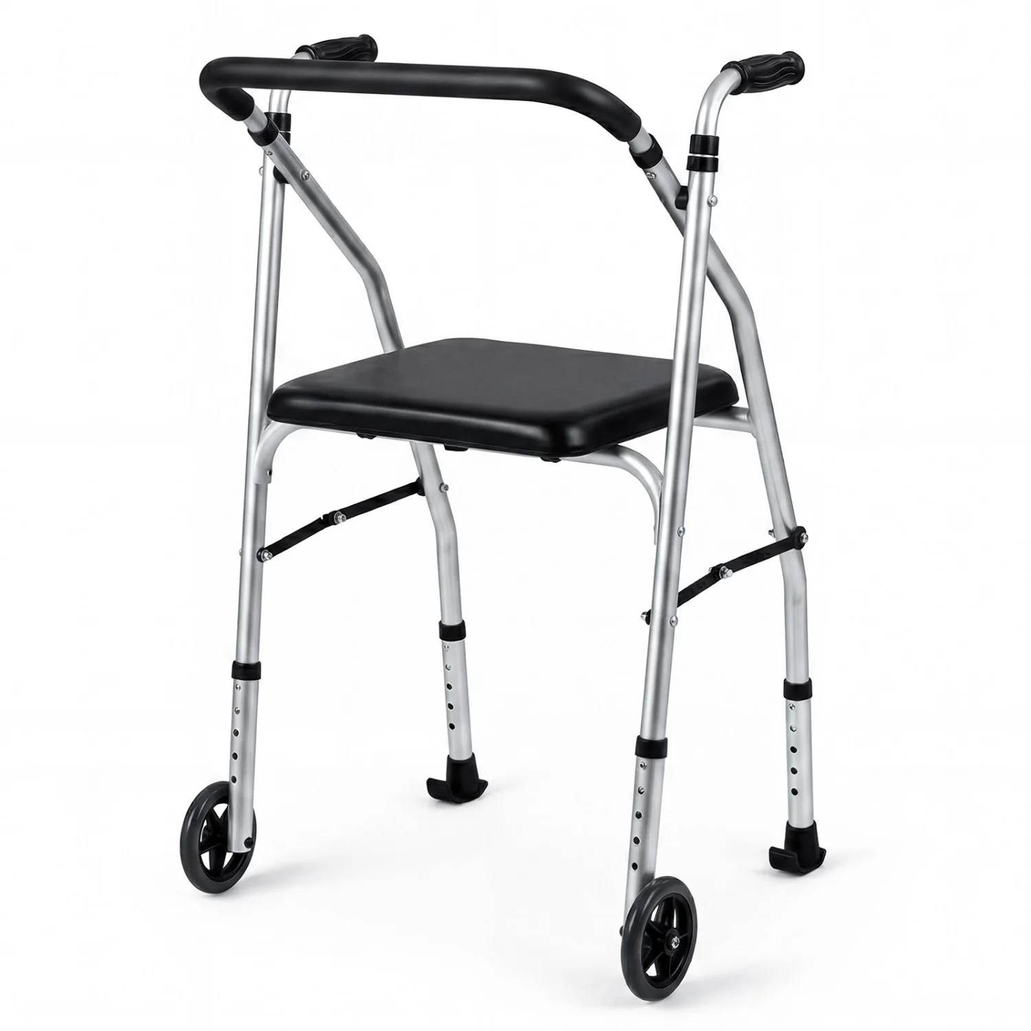 Lightweight Aluminum Walker, 2 Wheels, Adjustable Height, Padded Seat, Silver