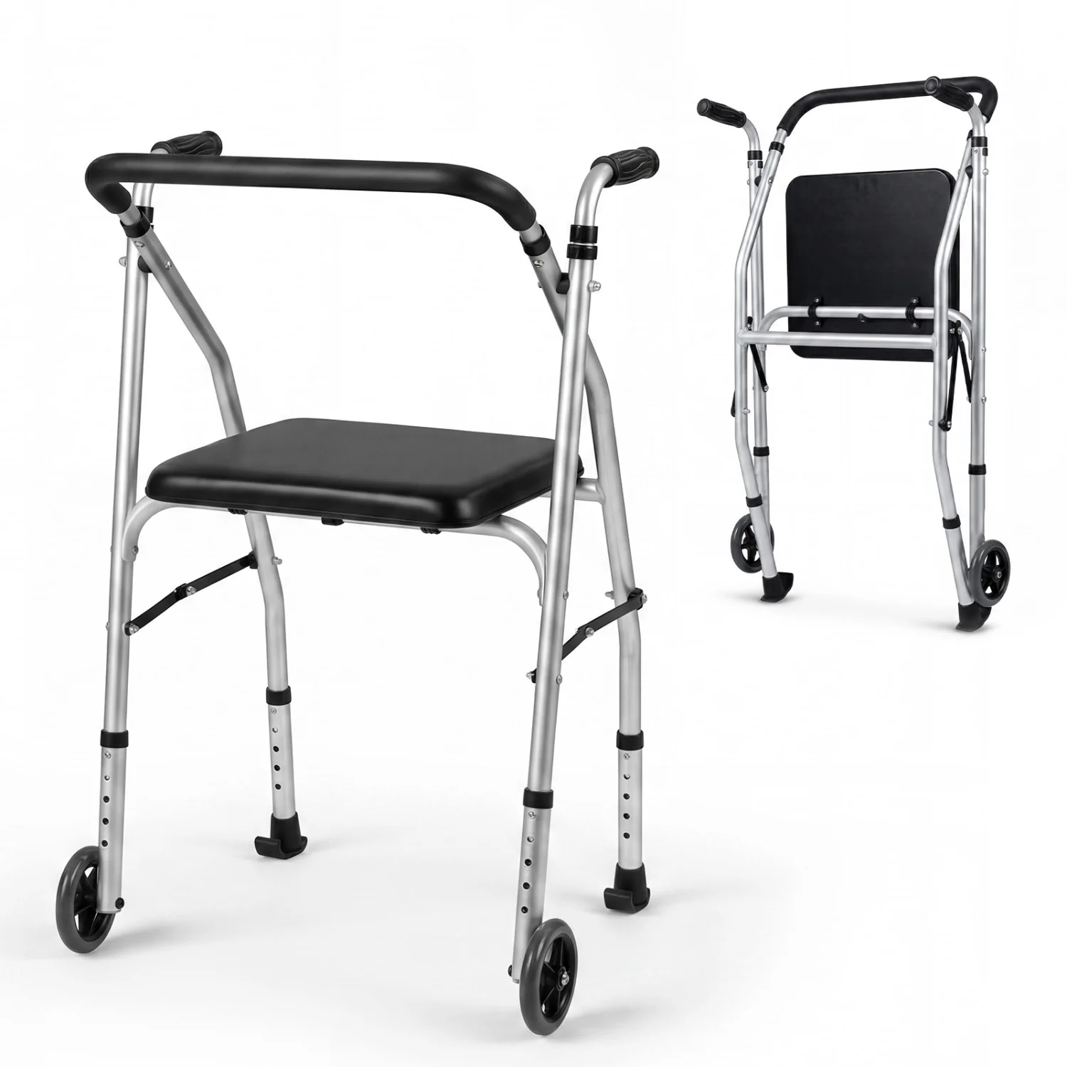 Lightweight Aluminum Walker, 2 Wheels, Adjustable Height, Padded Seat, Silver - Image 3