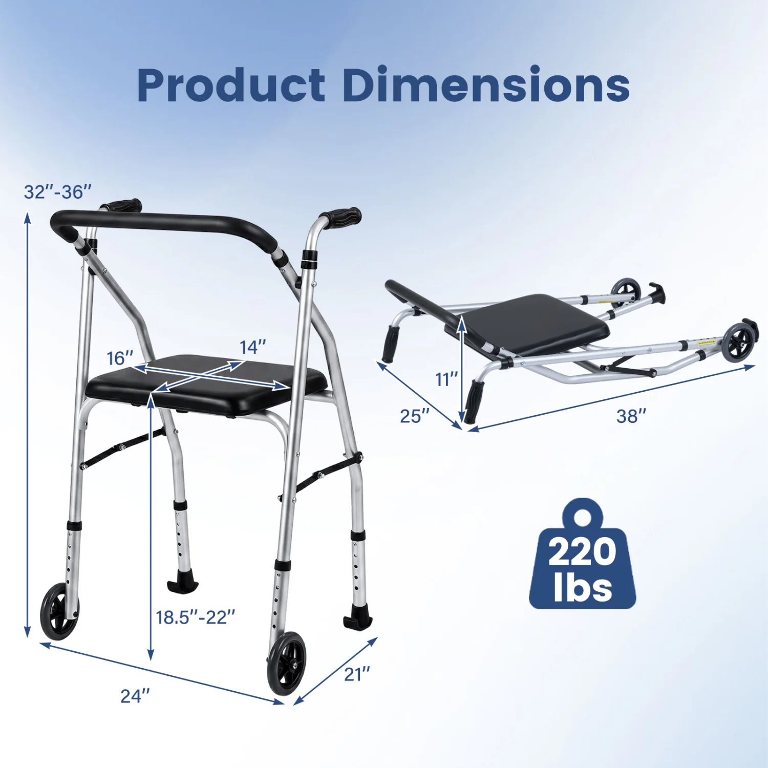 Lightweight Aluminum Walker, 2 Wheels, Adjustable Height, Padded Seat, Silver - Image 4