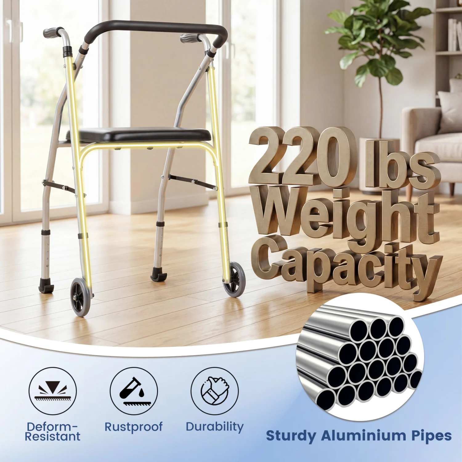 Lightweight Aluminum Walker, 2 Wheels, Adjustable Height, Padded Seat, Silver - Image 5