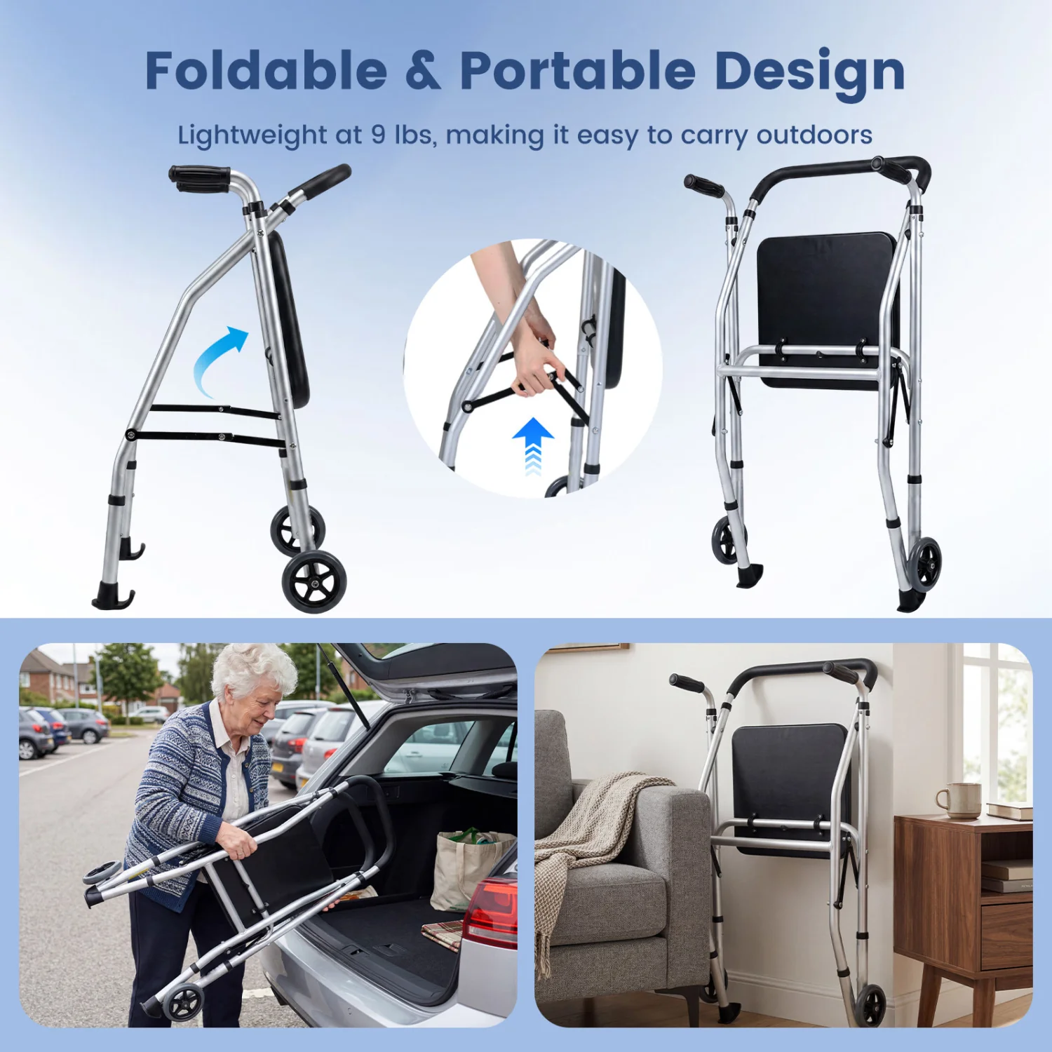 Lightweight Aluminum Walker, 2 Wheels, Adjustable Height, Padded Seat, Silver - Image 6
