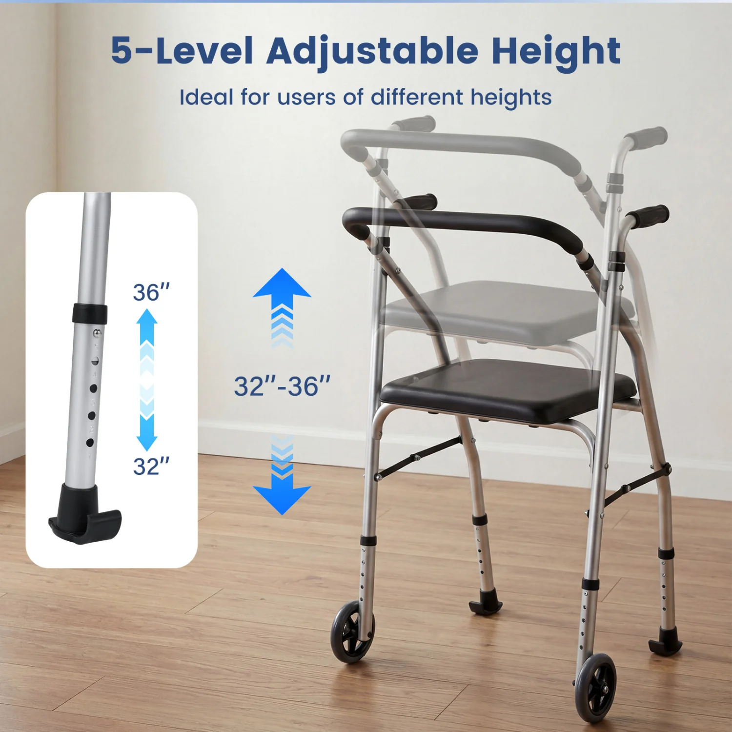 Lightweight Aluminum Walker, 2 Wheels, Adjustable Height, Padded Seat, Silver - Image 7
