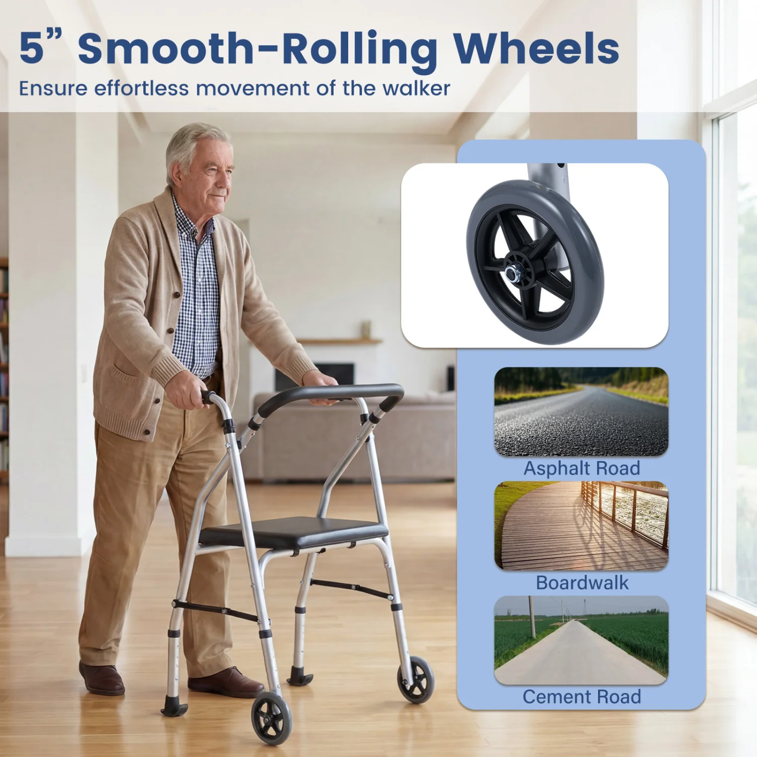 Lightweight Aluminum Walker, 2 Wheels, Adjustable Height, Padded Seat, Silver - Image 8