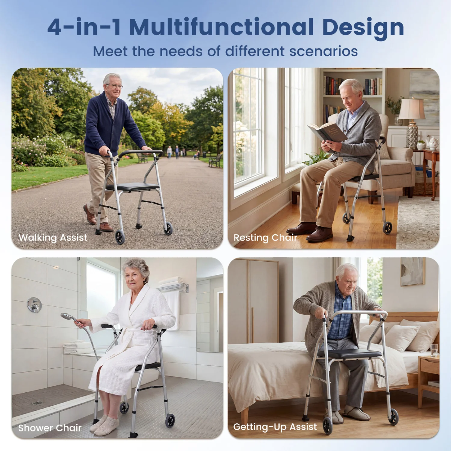 Lightweight Aluminum Walker, 2 Wheels, Adjustable Height, Padded Seat, Silver - Image 9