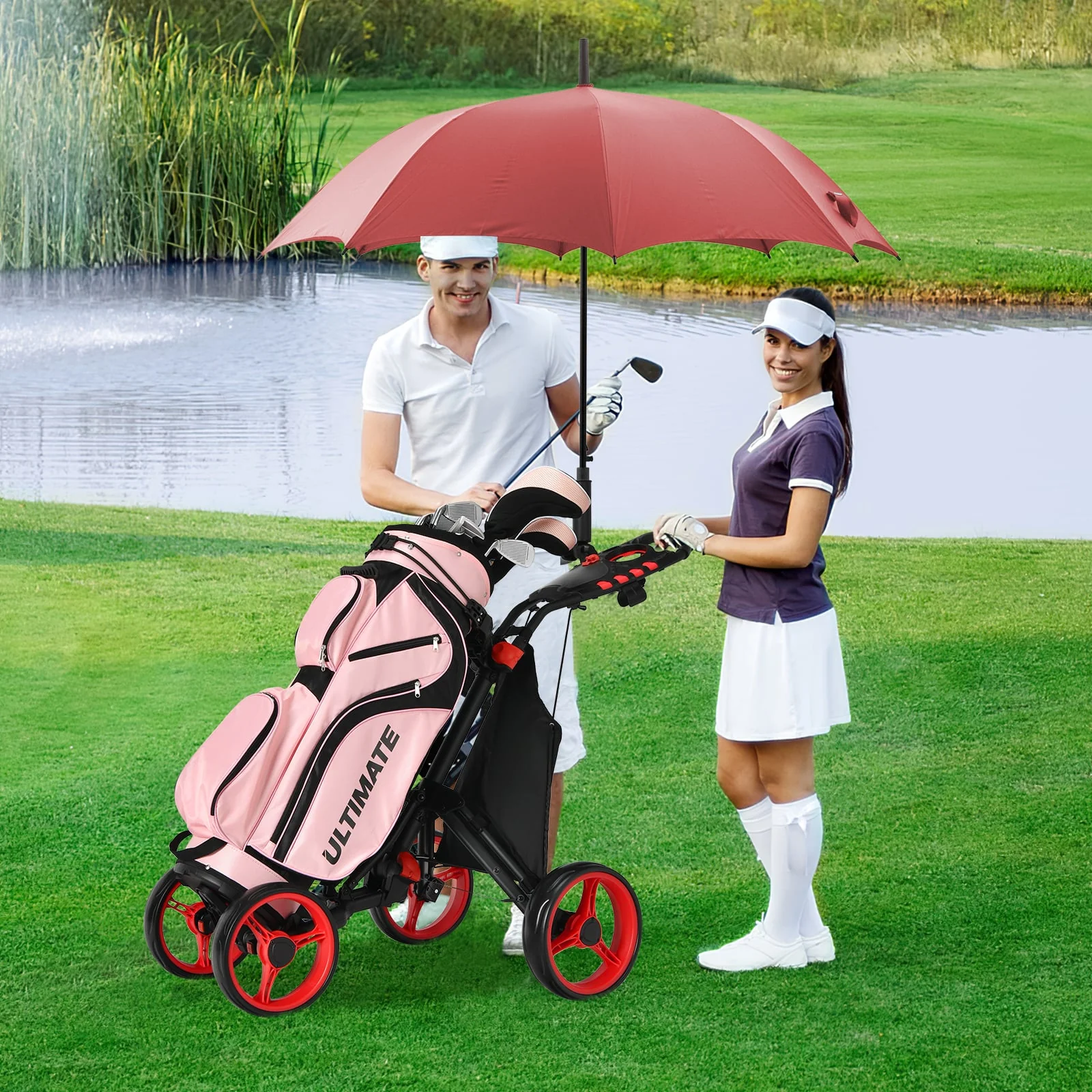 Lightweight Foldable Golf Push Cart, 4 Wheels, Red - Image 2