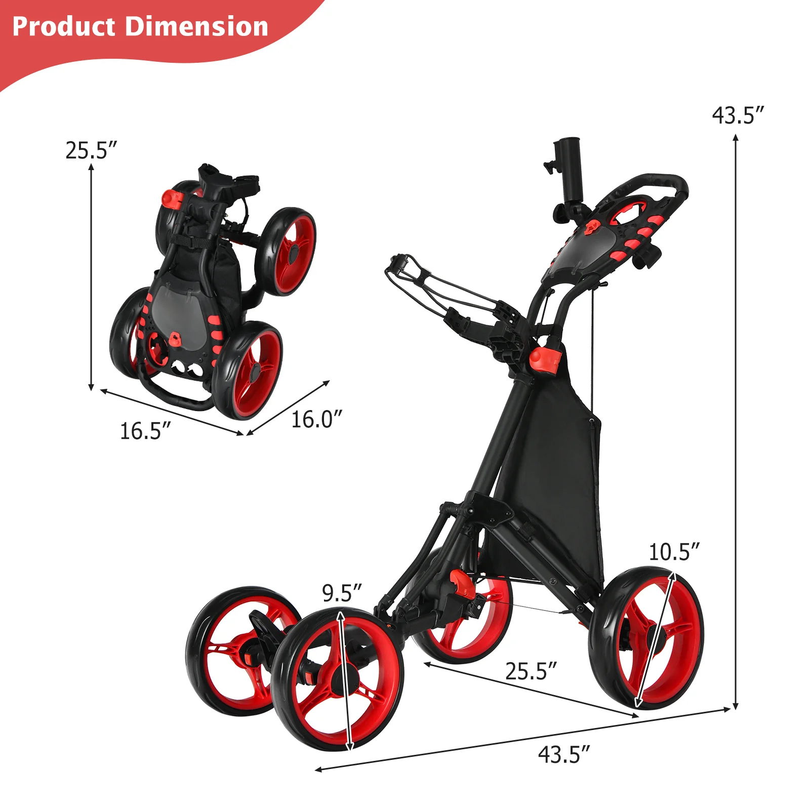 Lightweight Foldable Golf Push Cart, 4 Wheels, Red - Image 6