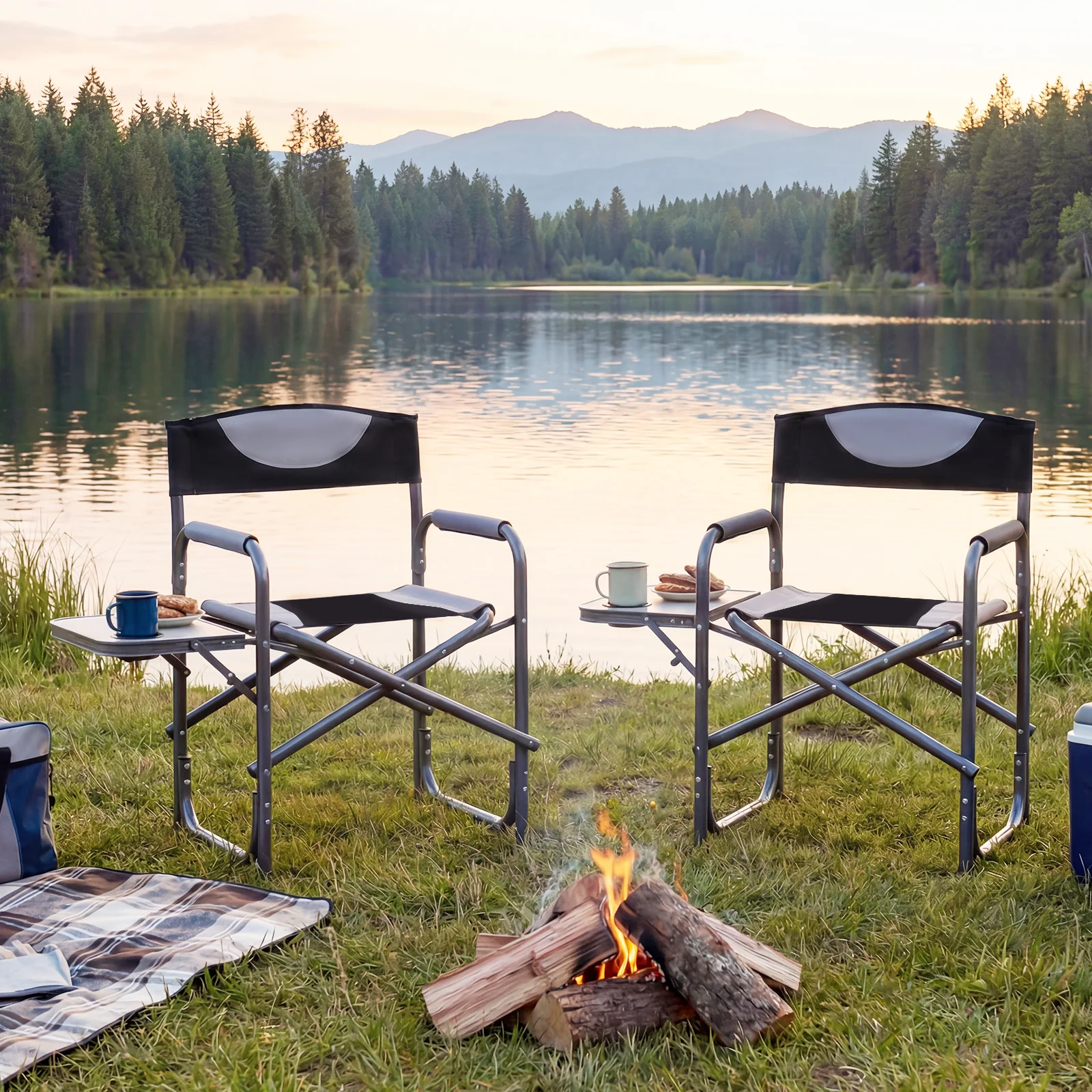 Lightweight Folding Camping Chair With Side Table, Black - Image 2