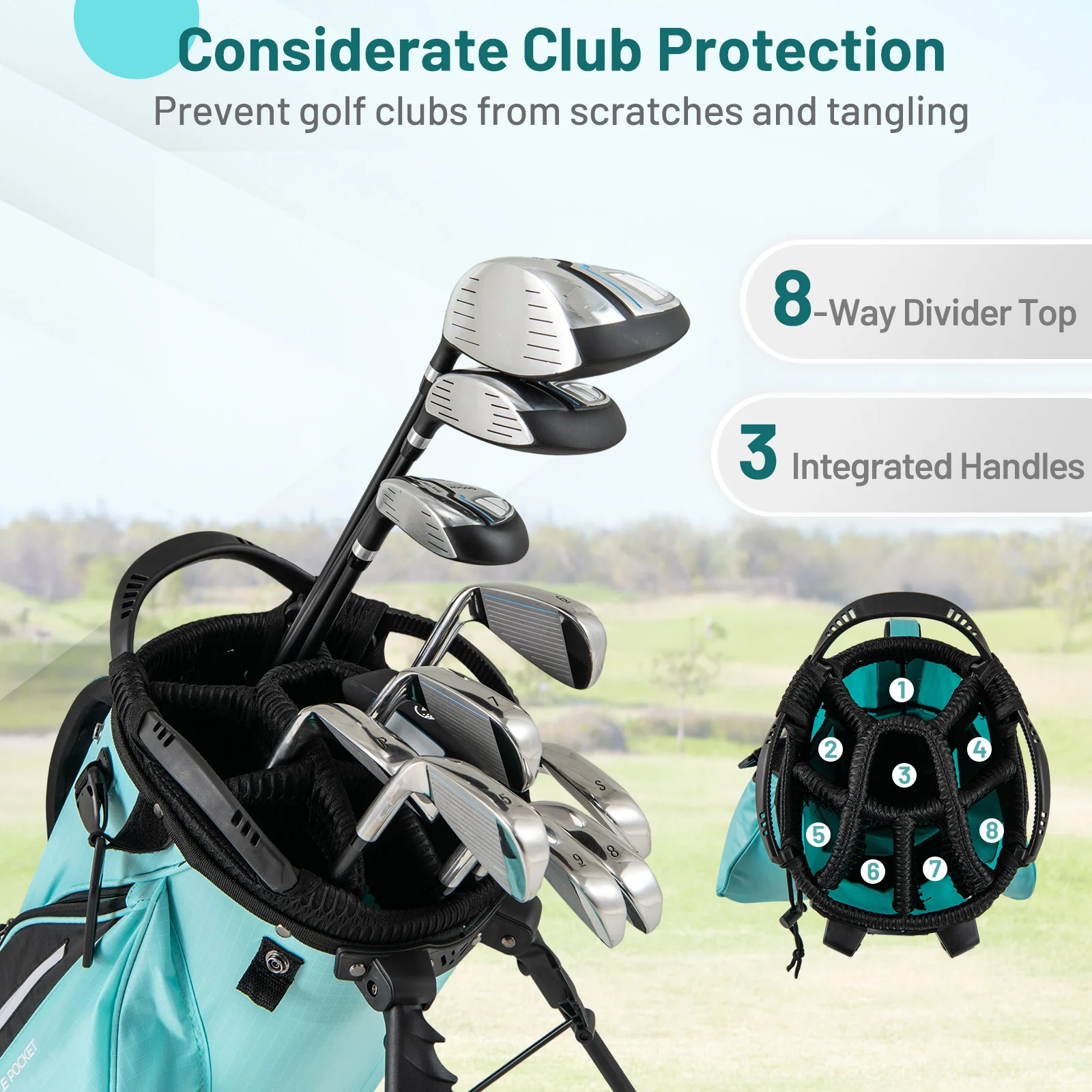 Lightweight Golf Stand Bag, 8 Way Top Dividers, 5 Zippered Pockets, Blue - Image 6