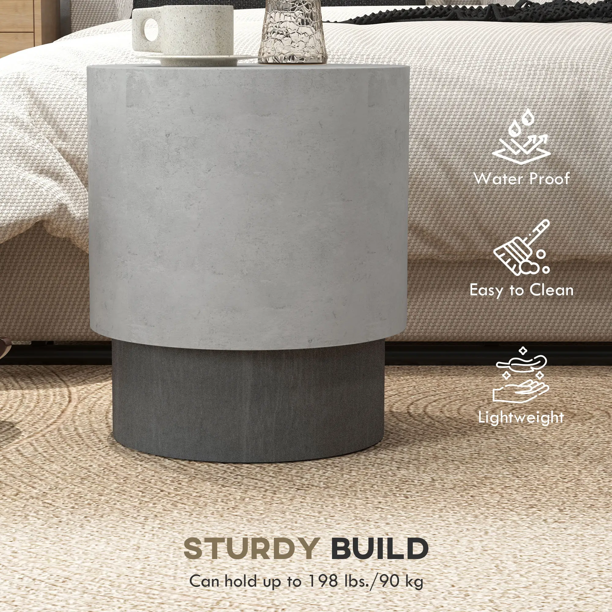 Lightweight Round Accent Table, Concrete Finish, 4 Adjustable Feet, Indoor Outdoor - Image 5