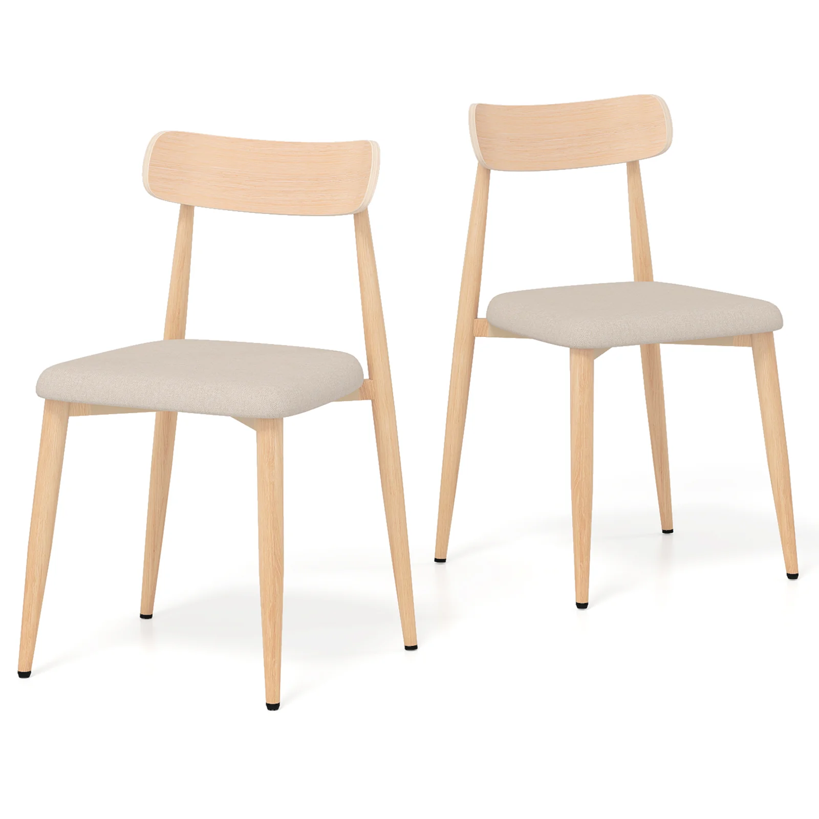 Linen Fabric Upholstered Modern Dining Chair Set of 2 with Padded Seat and Curved Back, Oak