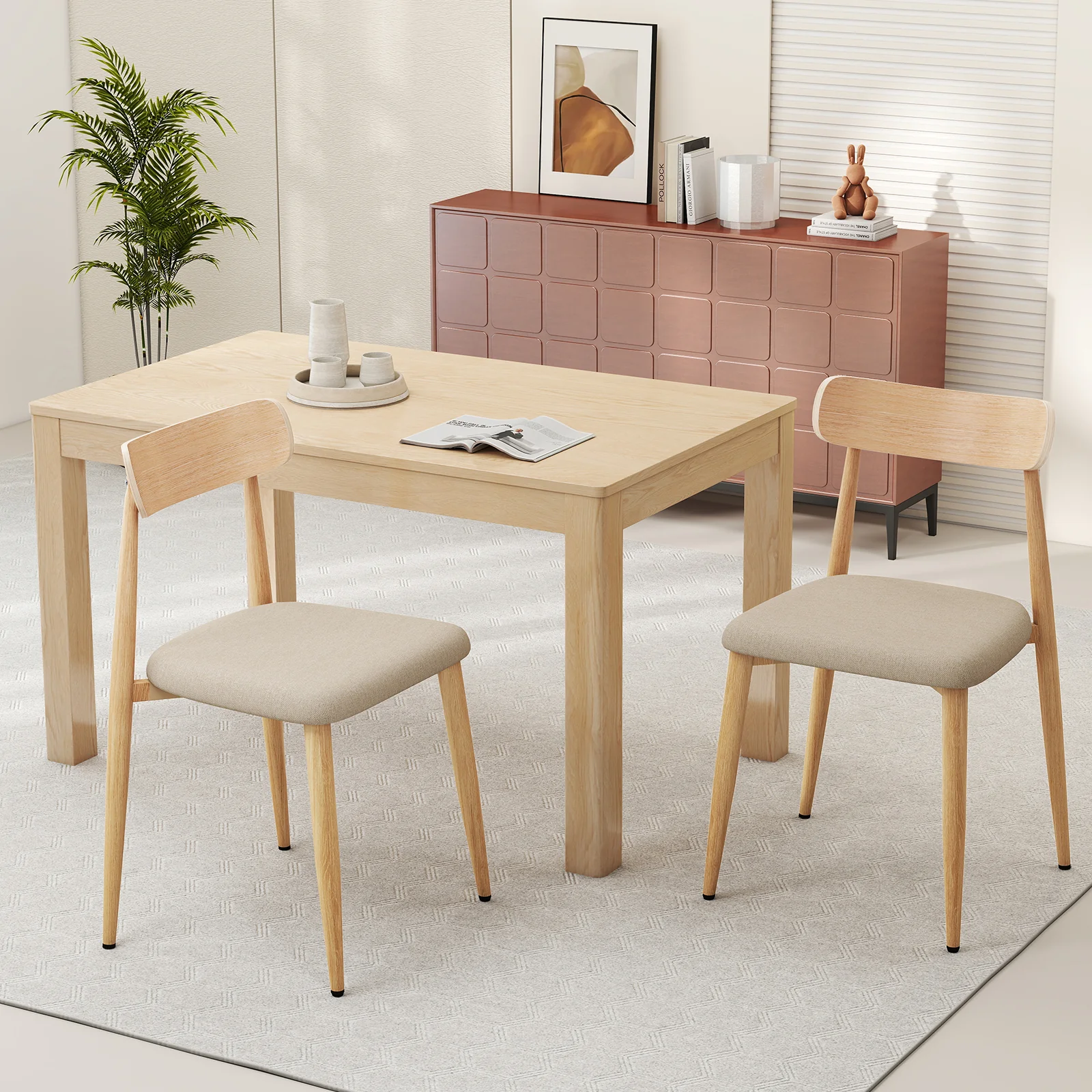 Linen Fabric Upholstered Modern Dining Chair Set of 2 with Padded Seat and Curved Back, Oak - Image 2