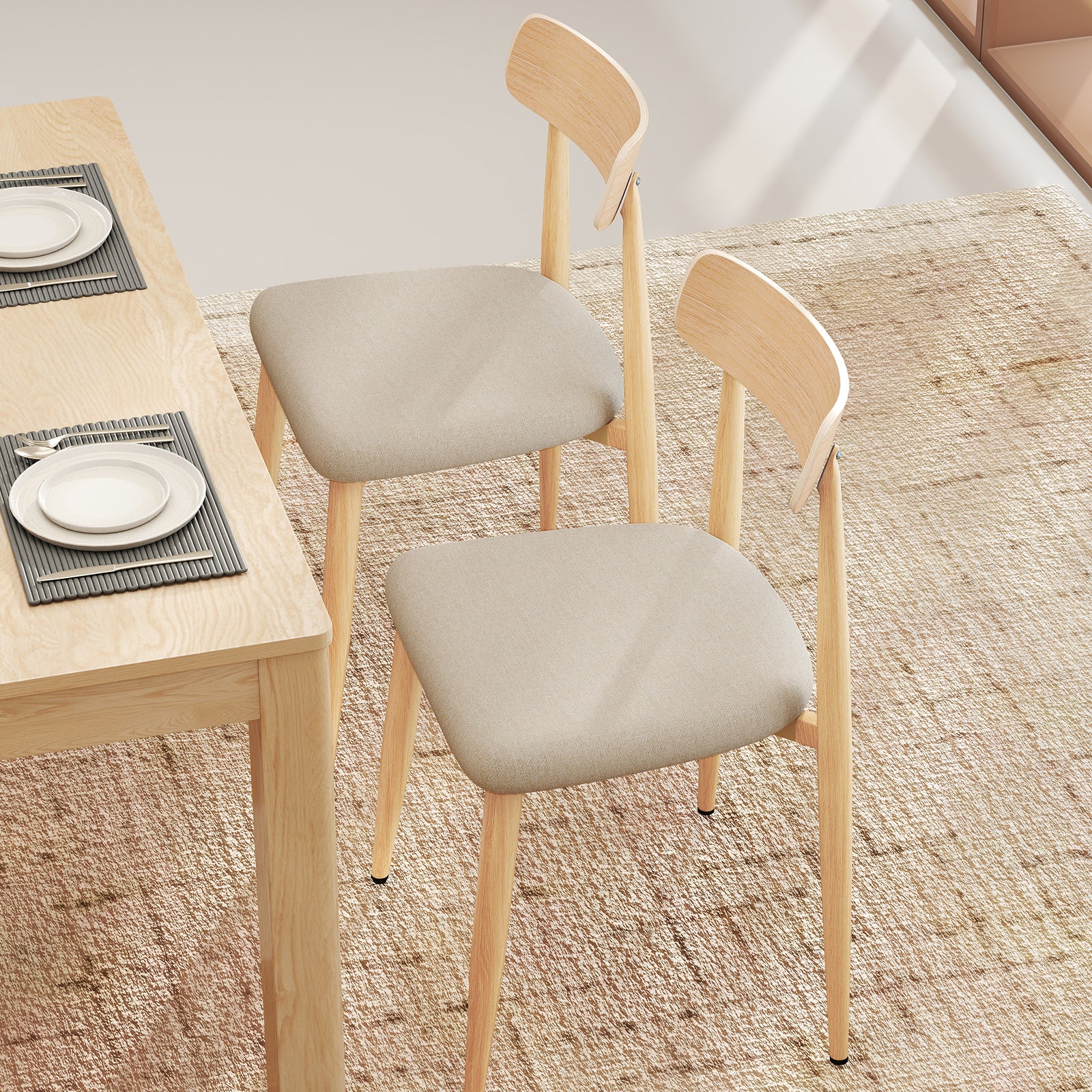 Linen Fabric Upholstered Modern Dining Chair Set of 2 with Padded Seat and Curved Back, Oak - Image 3