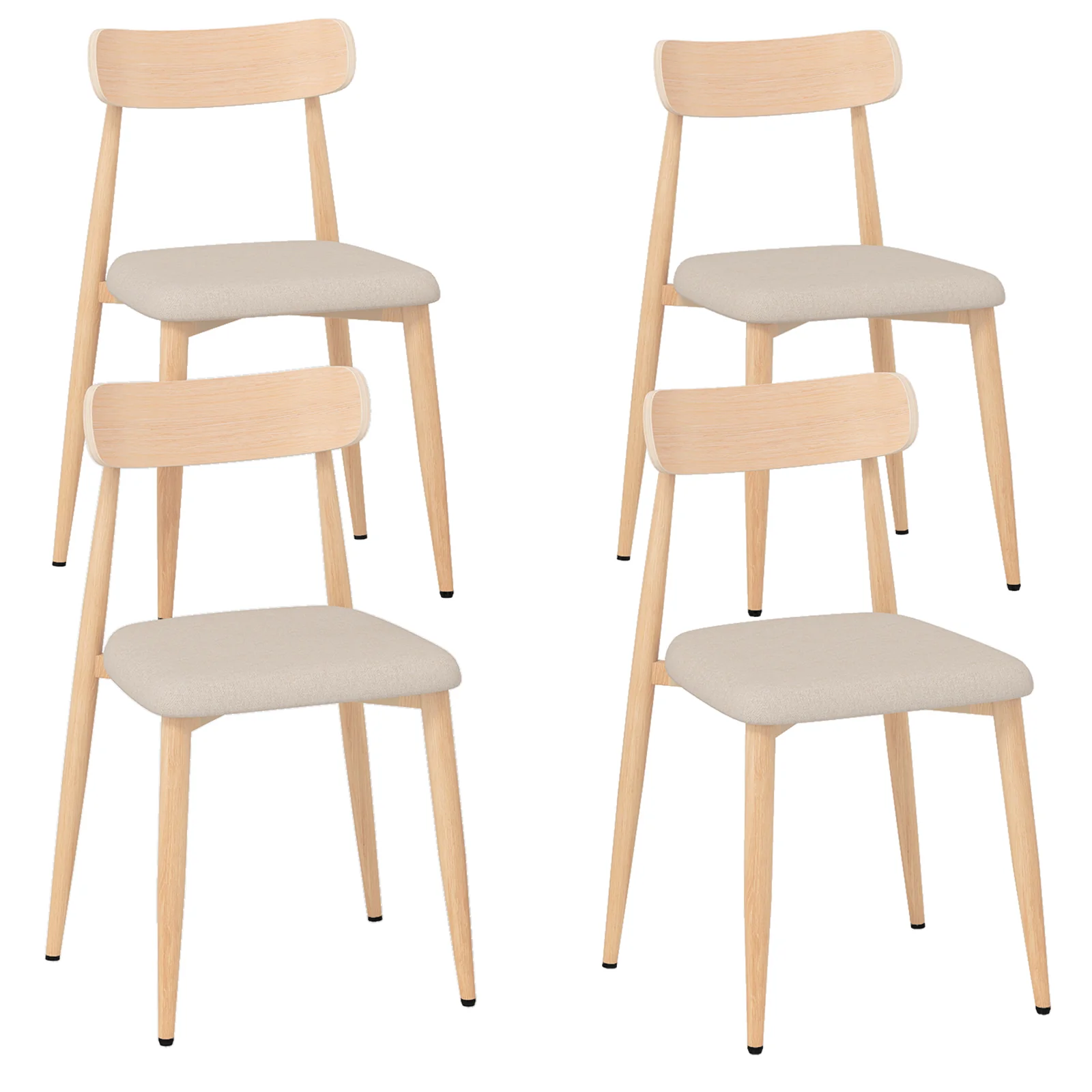 Linen Fabric Upholstered Modern Dining Chair Set of 4 with Padded Seat and Curved Back, Oak