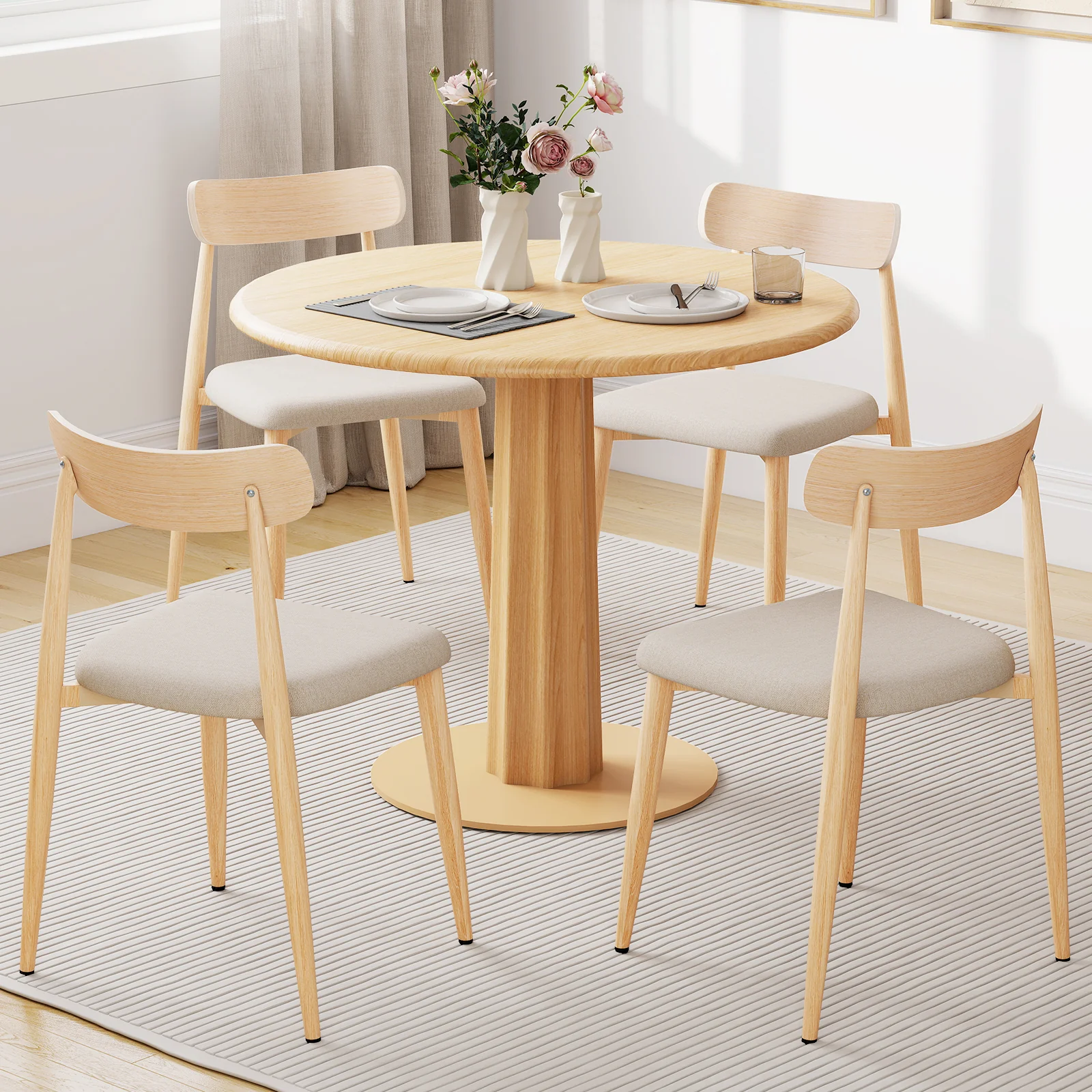 Linen Fabric Upholstered Modern Dining Chair Set of 4 with Padded Seat and Curved Back, Oak - Image 2