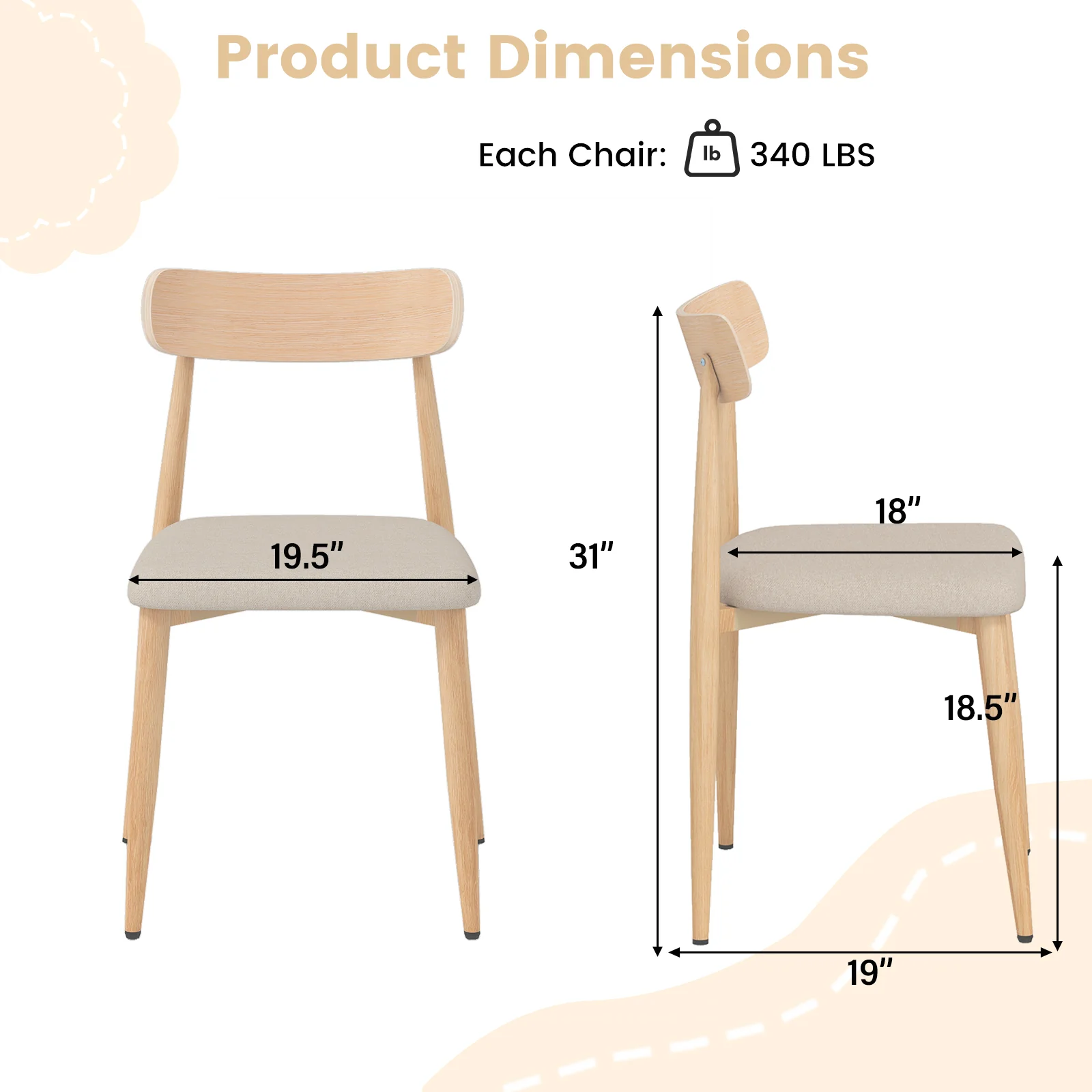 Linen Fabric Upholstered Modern Dining Chair Set of 4 with Padded Seat and Curved Back, Oak - Image 3