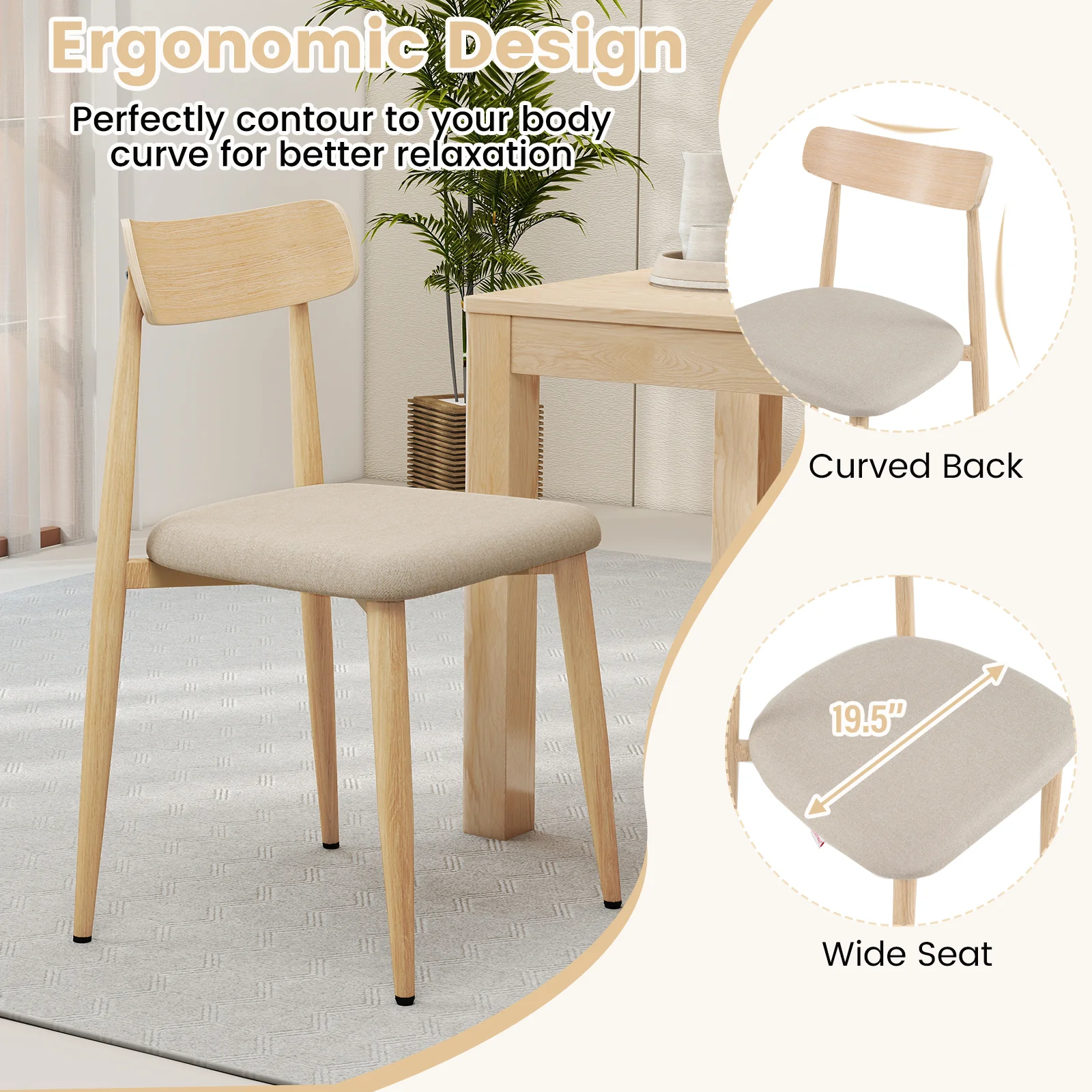 Linen Fabric Upholstered Modern Dining Chair Set of 4 with Padded Seat and Curved Back, Oak - Image 4