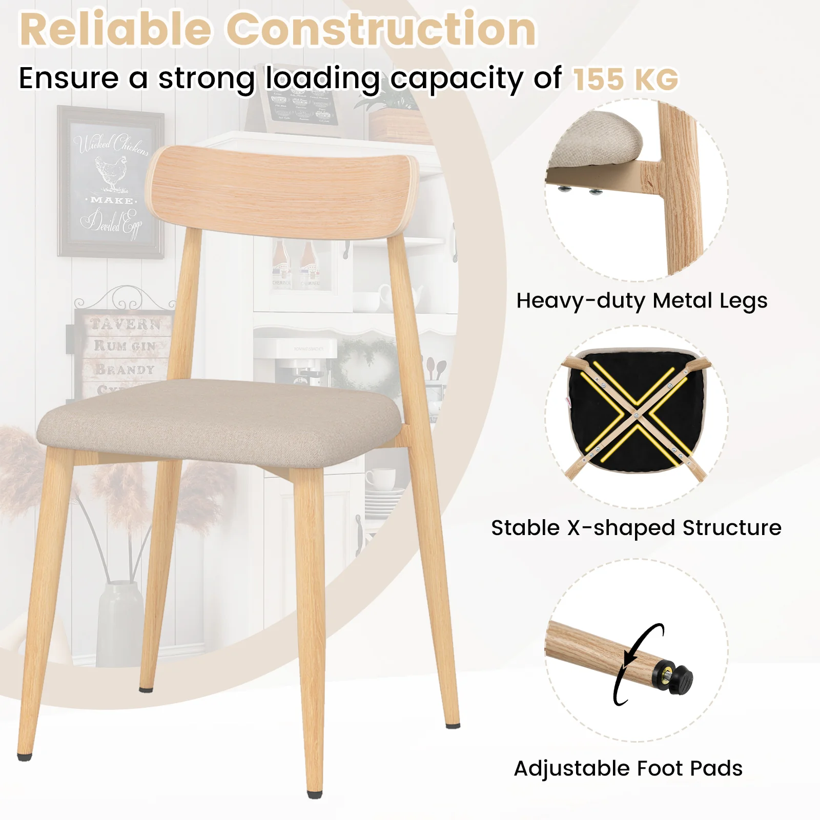 Linen Fabric Upholstered Modern Dining Chair Set of 4 with Padded Seat and Curved Back, Oak - Image 7