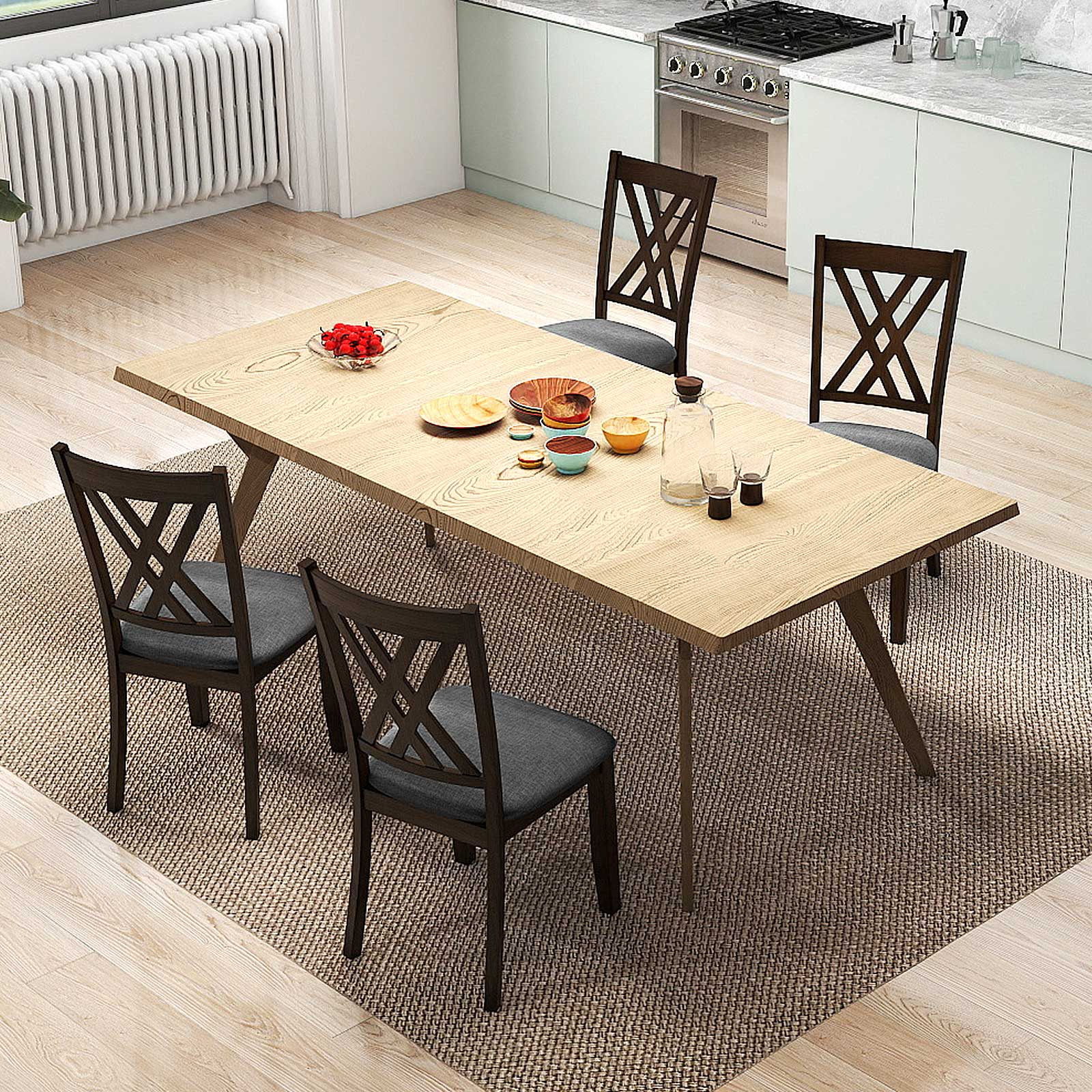 Linen Fabric Wooden Dining Chair Set Of 4, Gray - Image 3