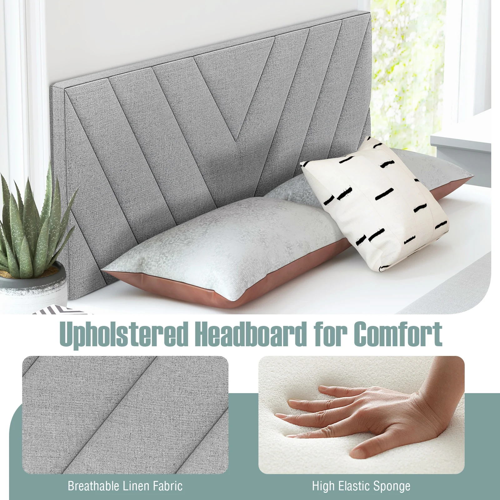 Linen Upholstered Headboard, Full Queen Size, Gray - Image 10