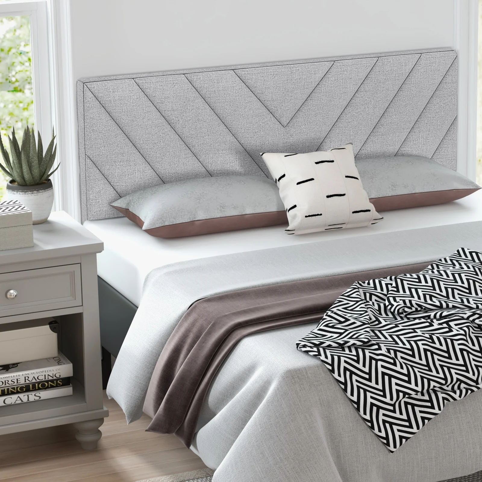 Linen Upholstered Headboard, Full Queen Size, Gray - Image 2