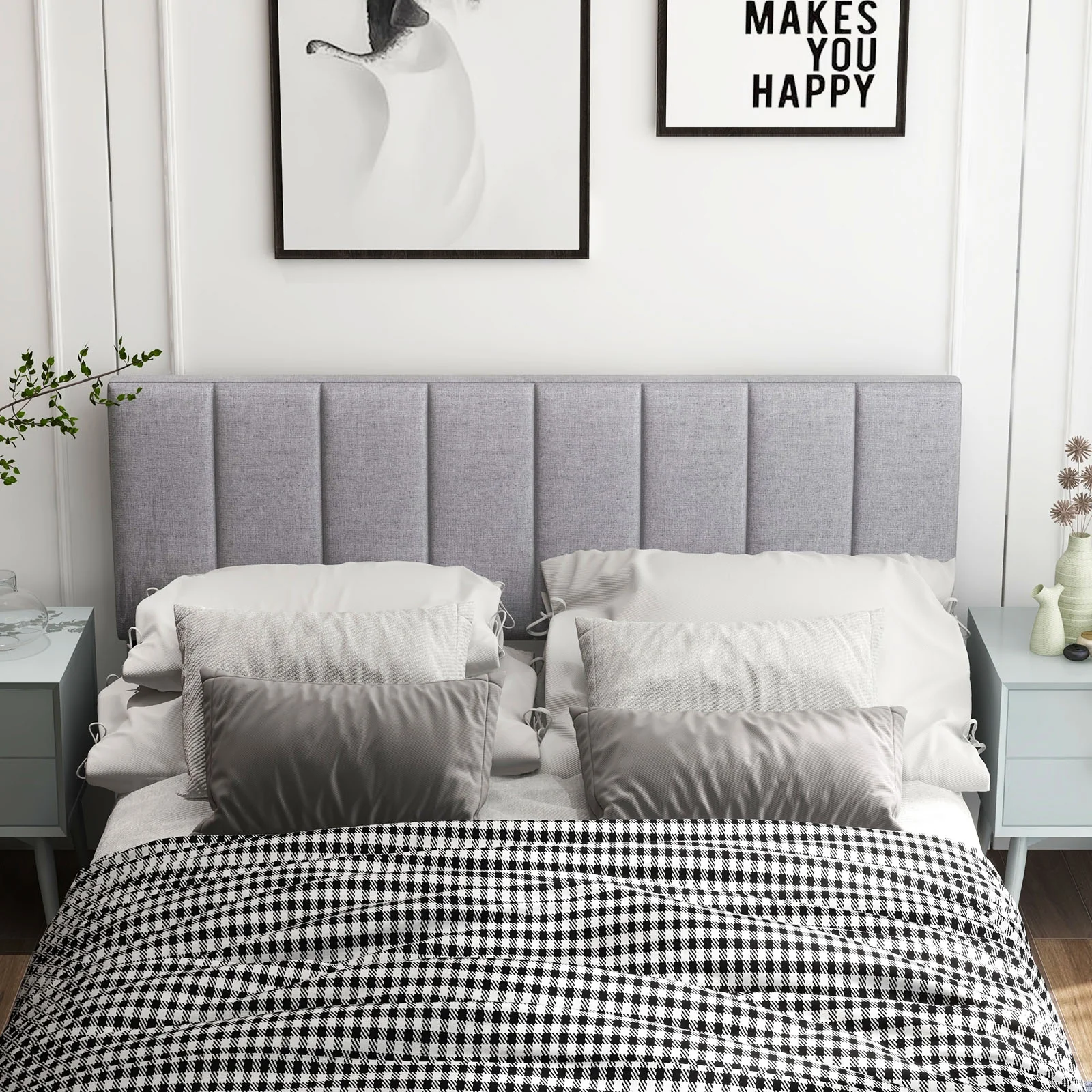 Linen Upholstered Headboard, Solid Wood Legs, Adjustable Width, Gray - Image 3