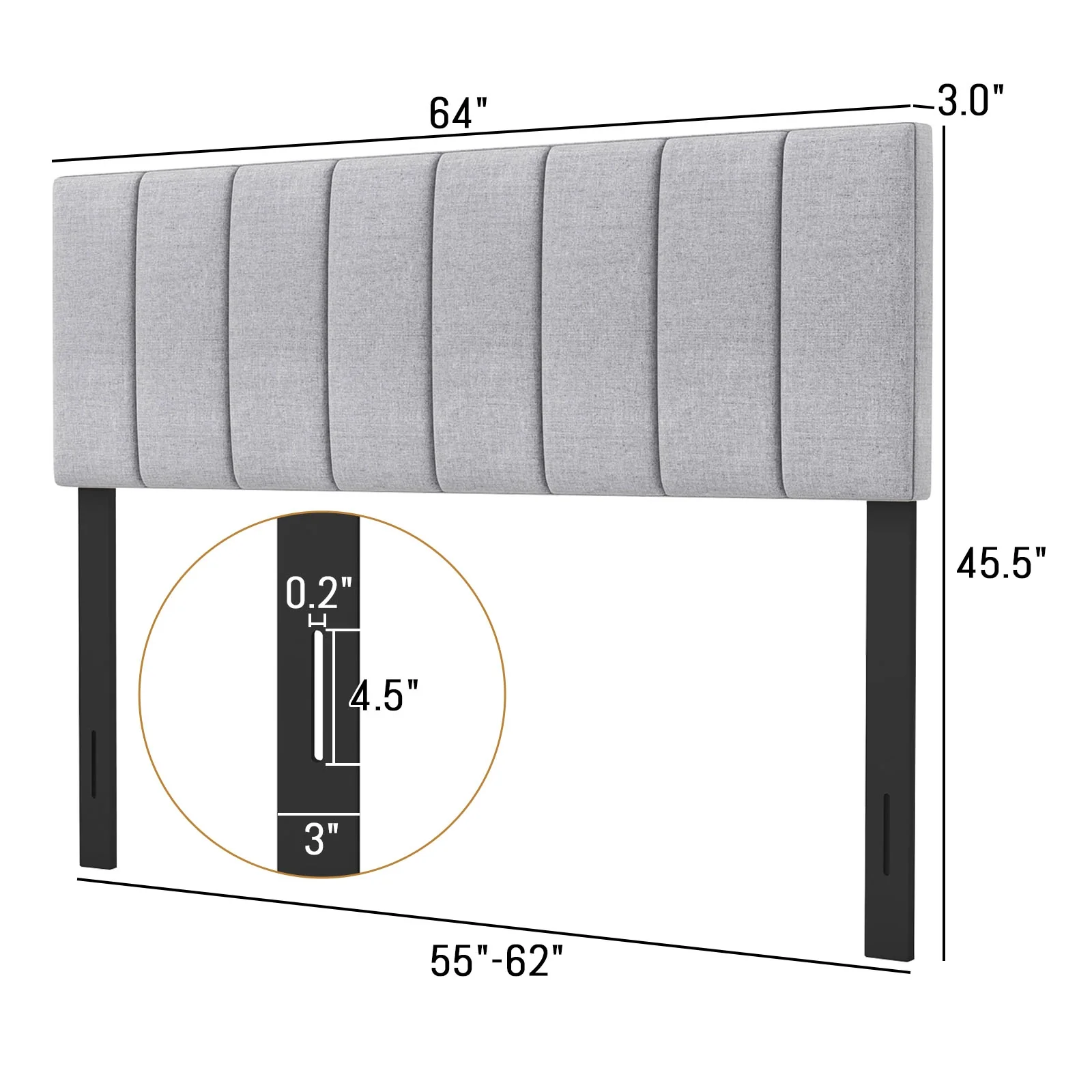 Linen Upholstered Headboard, Solid Wood Legs, Adjustable Width, Gray - Image 6