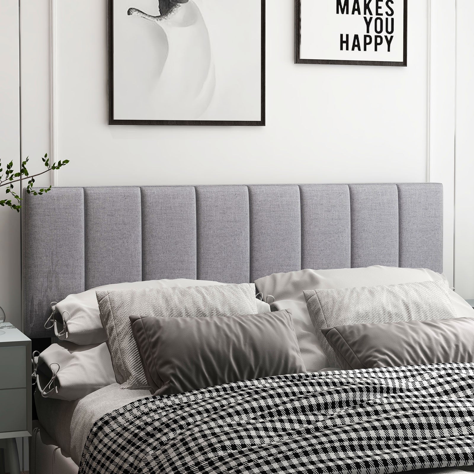 Linen Upholstered Headboard, Solid Wood Legs, Adjustable Width, Gray - Image 7