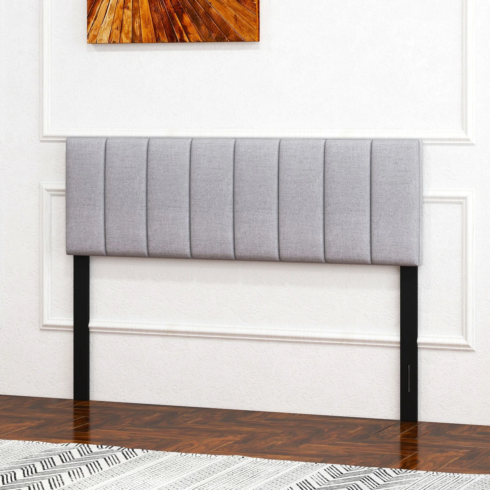 Linen Upholstered Headboard, Solid Wood Legs, Adjustable Width, Gray - Image 8