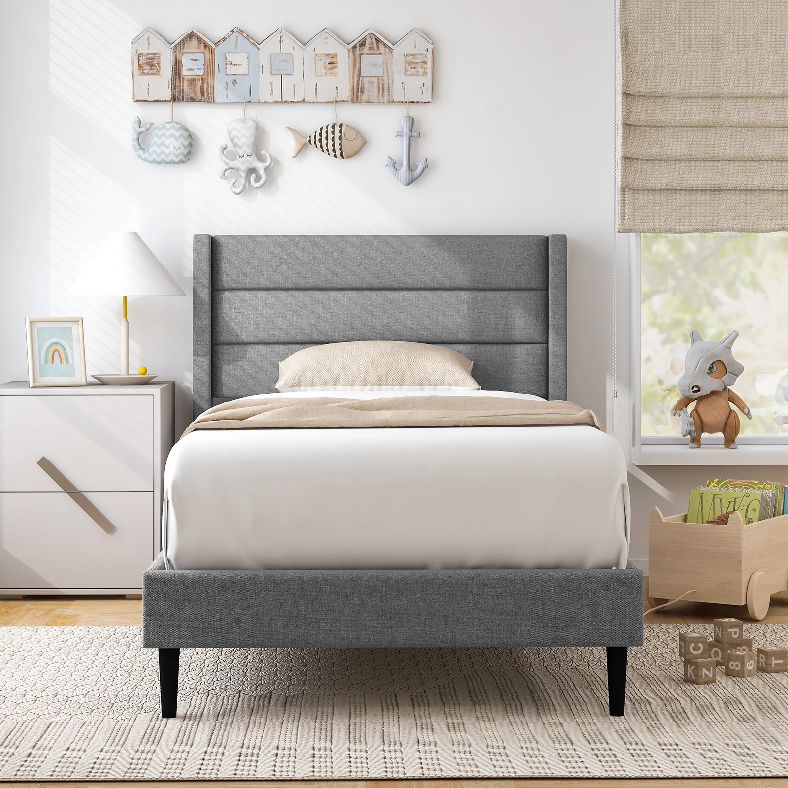 Linen Upholstered Platform Bed Frame With Wingback Headboard, Twin Size, Gray - Image 2