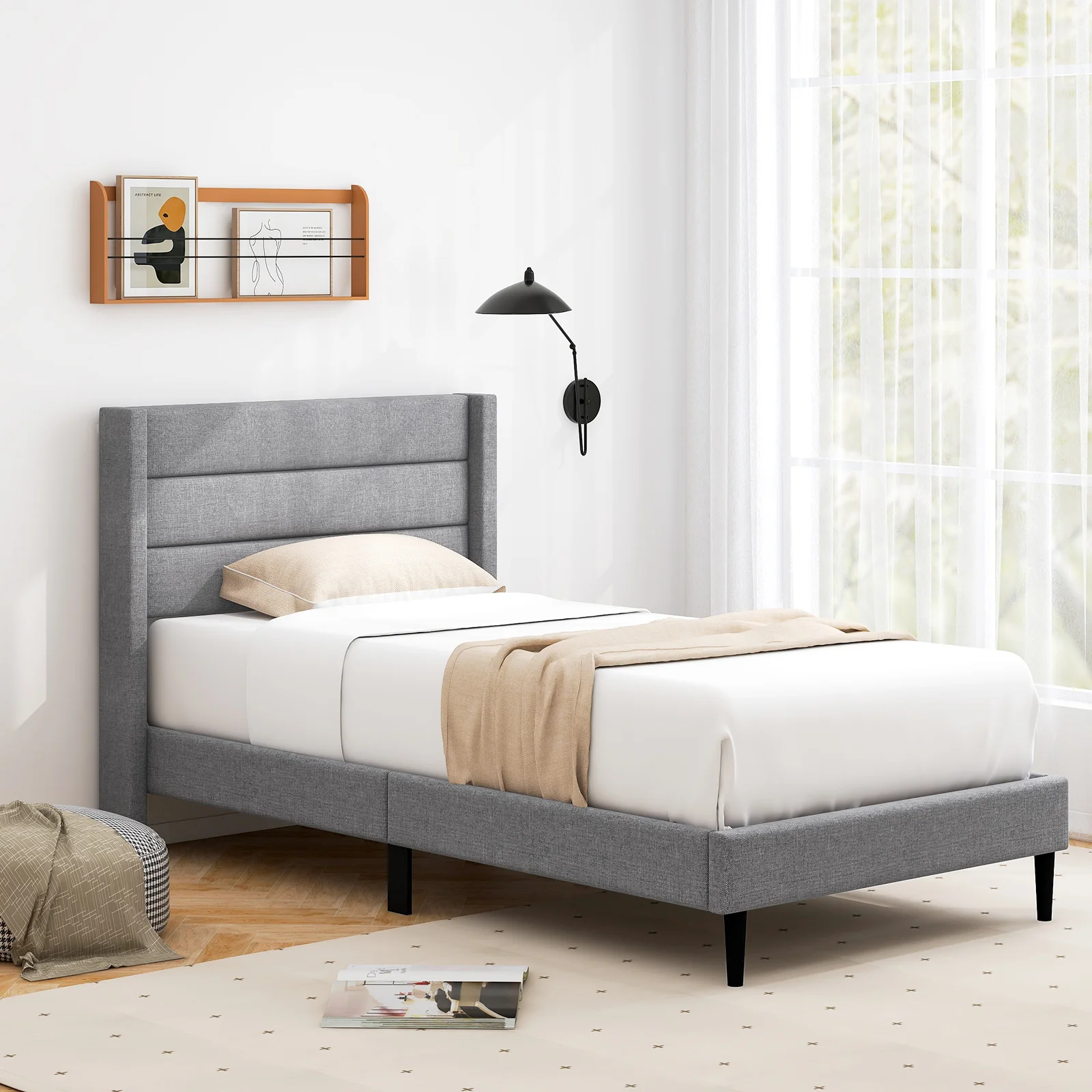 Linen Upholstered Platform Bed Frame With Wingback Headboard, Twin Size, Gray - Image 6