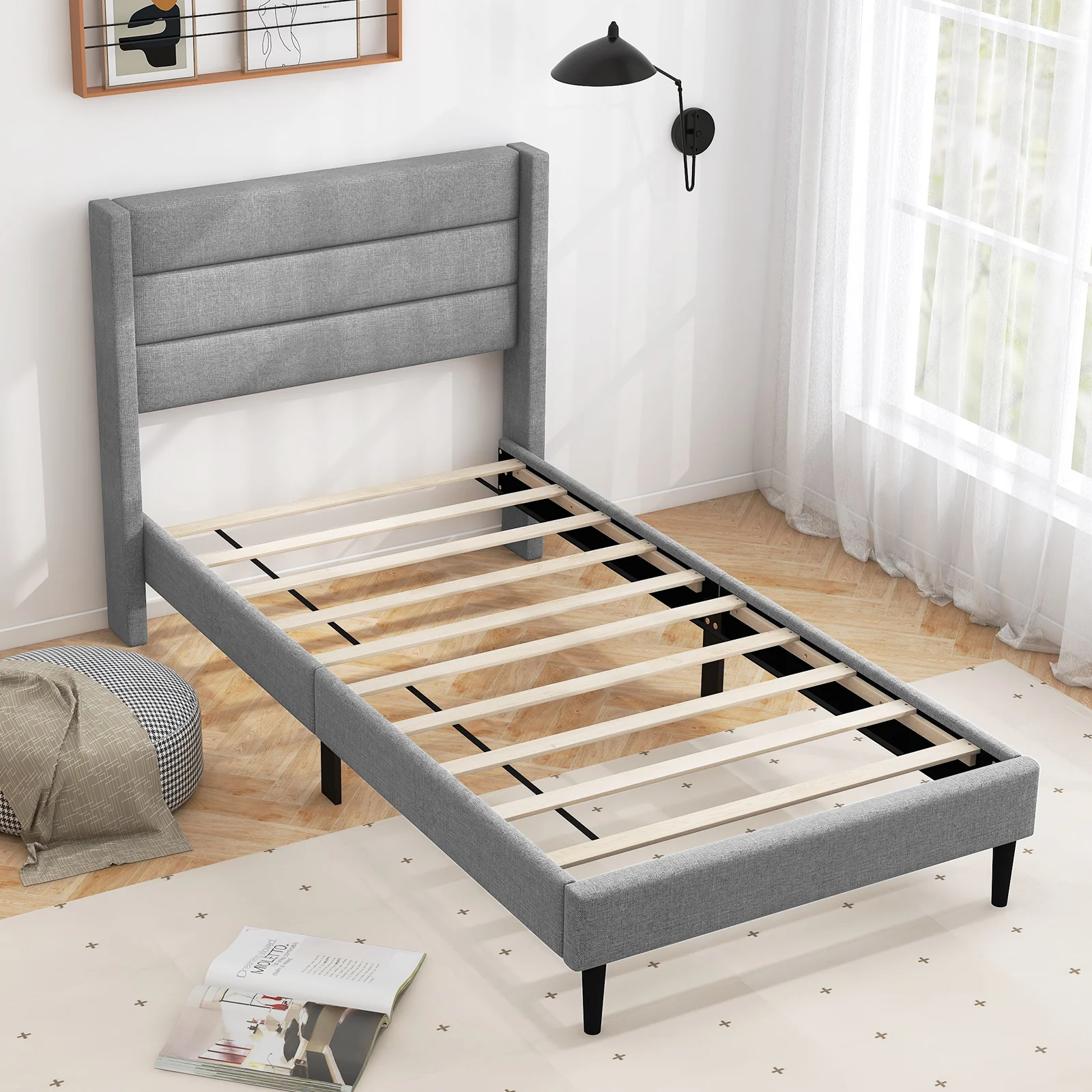 Linen Upholstered Platform Bed Frame With Wingback Headboard, Twin Size, Gray - Image 7