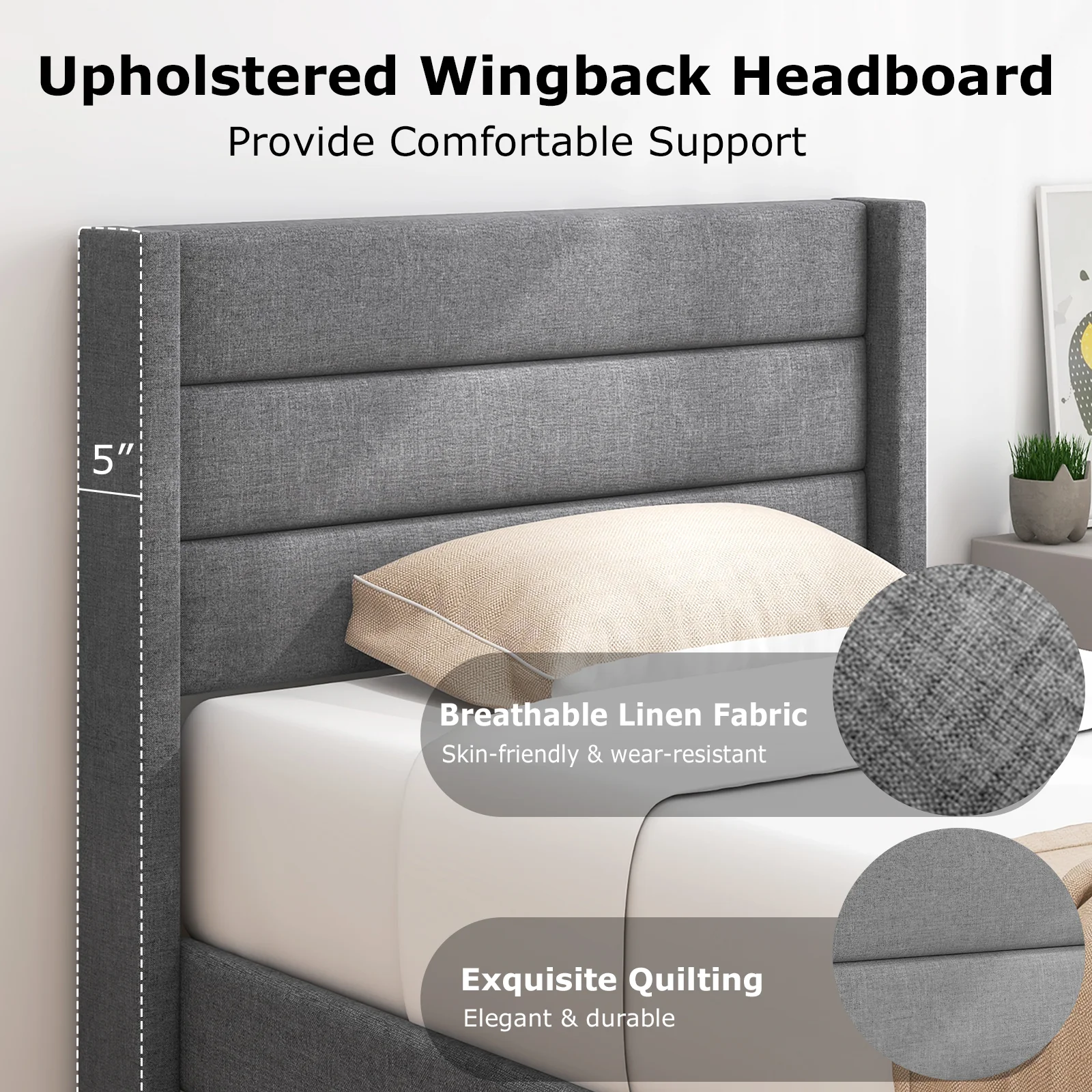 Linen Upholstered Platform Bed Frame With Wingback Headboard, Twin Size, Gray - Image 8