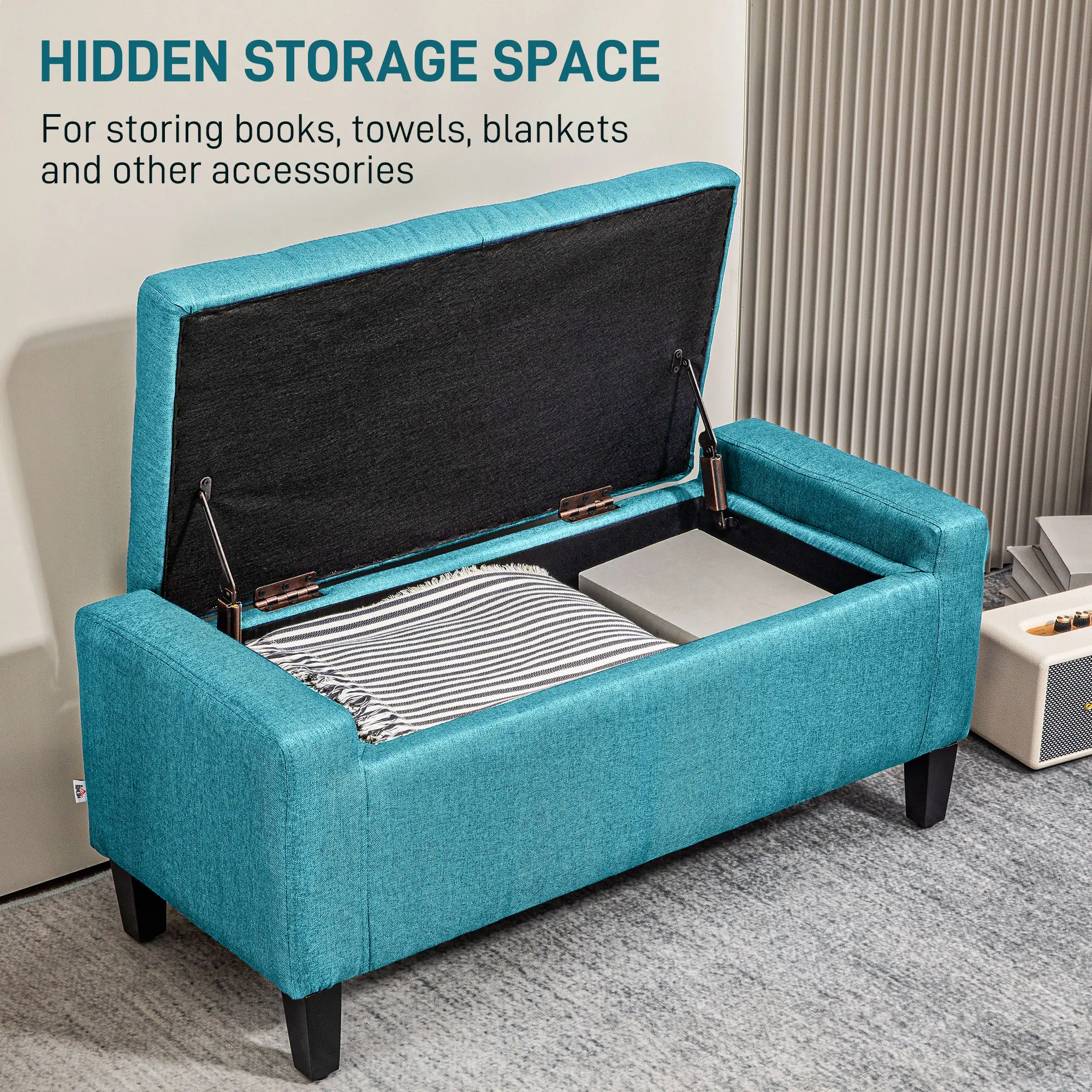 Linen Upholstered Storage Ottoman Bench, Tufted Design, Green - Image 4