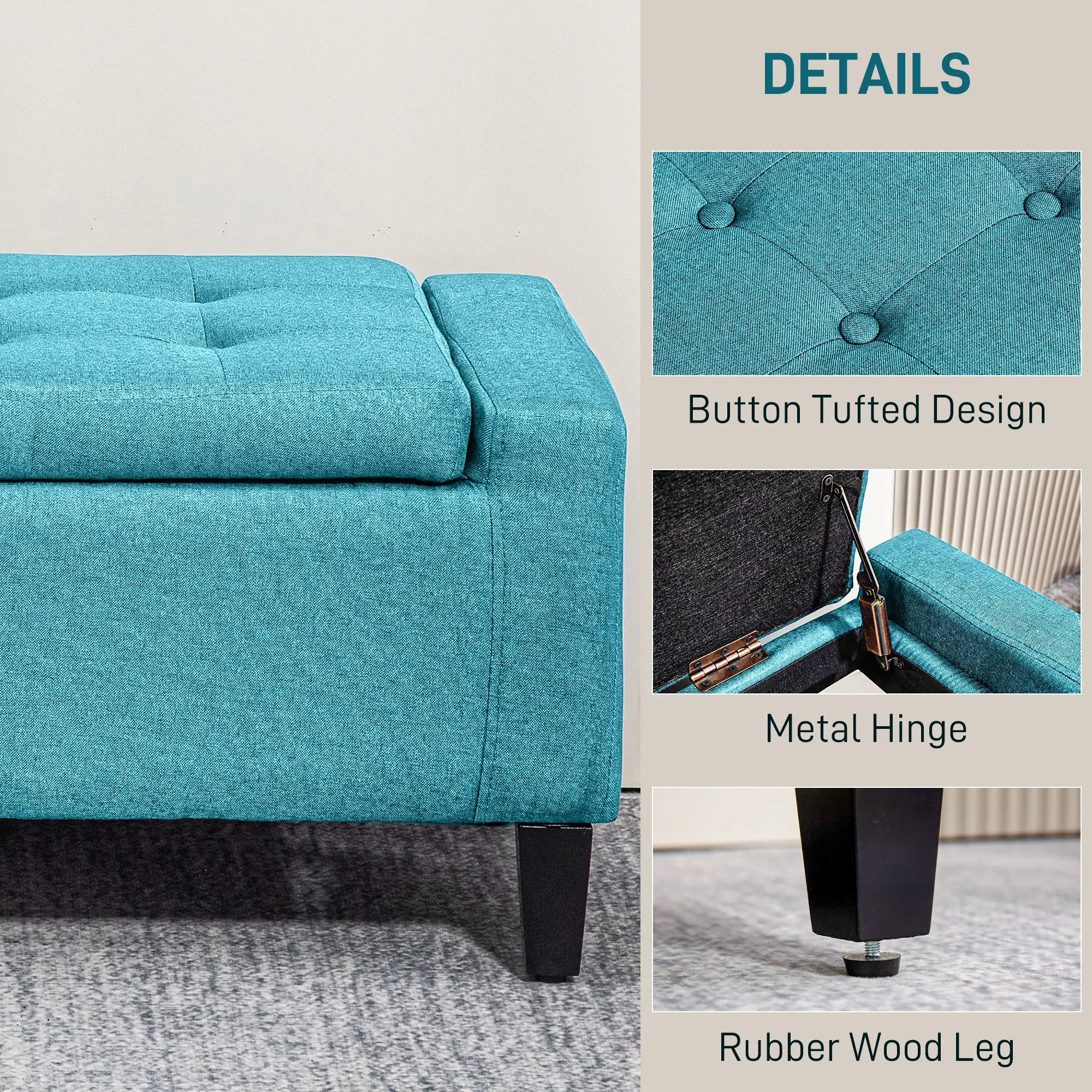 Linen Upholstered Storage Ottoman Bench, Tufted Design, Green - Image 5