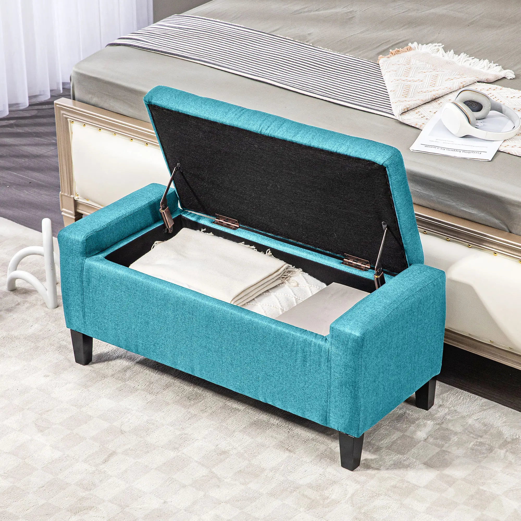 Linen Upholstered Storage Ottoman Bench, Tufted Design, Green - Image 7